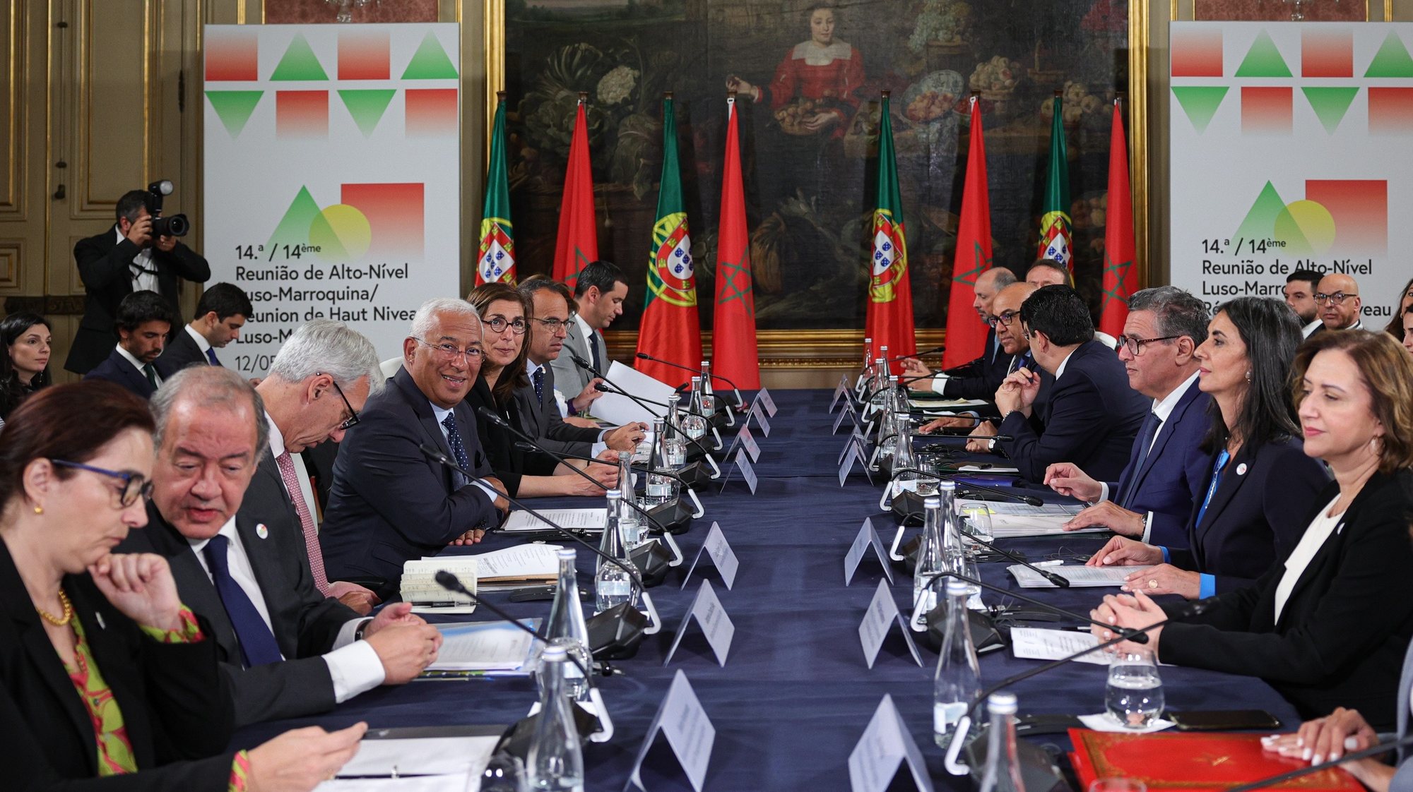 Portugal&#039;s Prime Minister Antonio Costa (4-L) meets with Morroco&#039;s Head of the Government Aziz Akhannouch (3-R) during XIV Portugal-Morocco High-Level Meeting at Foz Palace in Lisbon, Portugal, 12 May 2023. ANTONIO COTRIM/LUSA