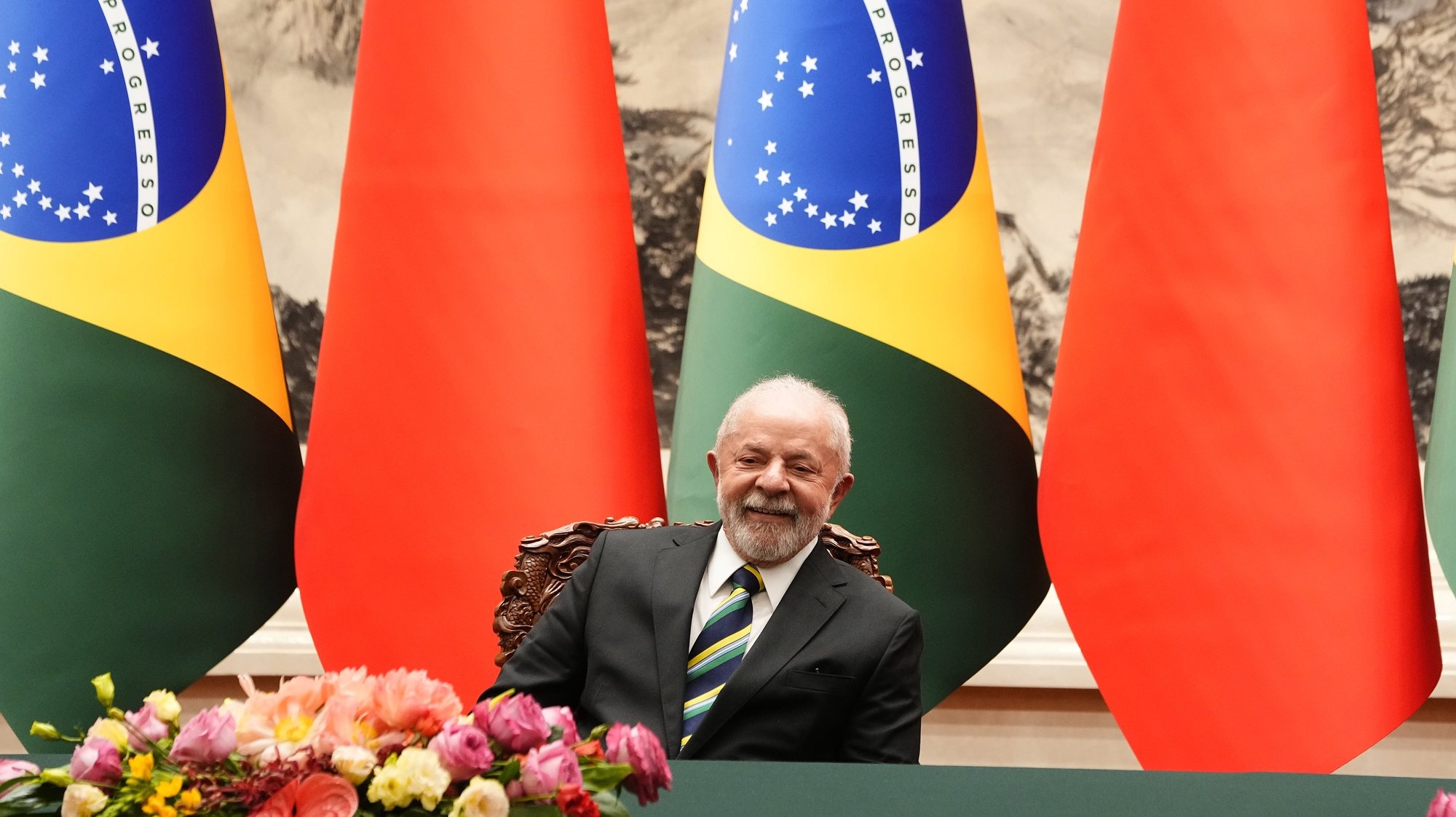 epa10572319 Brazilian President Luiz Inacio Lula da Silva is seen during a signing ceremony with Chinese President Xi Jinping (not pictured) held at the Great Hall of the People in Beijing, China, 14 April 2023.  EPA/KEN ISHII / POOL