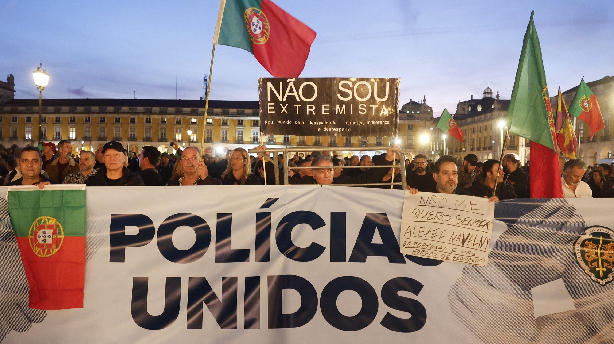 PSP (Public Security Police) and GNR (National Republican Guard) police forces during a demonstration against the government policies regarding a pension given to the Judiciary Police and not to the other police forces, in Lisbon, Portugal, 19 February 2024. ANTONIO PEDRO SANTOS/LUSA