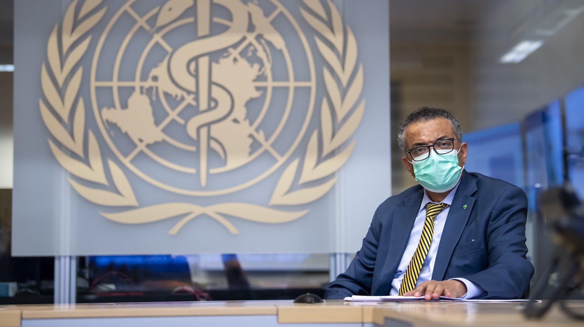 epa08747767 Tedros Adhanom Ghebreyesus, Director General of the World Health Organization (WHO), speaks during a visit of the Presidents of the Swiss Federal Chambers, at the World Health Organization (WHO) headquarters in Geneva, Switzerland, 15 October 2020.  EPA/MARTIAL TREZZINI
