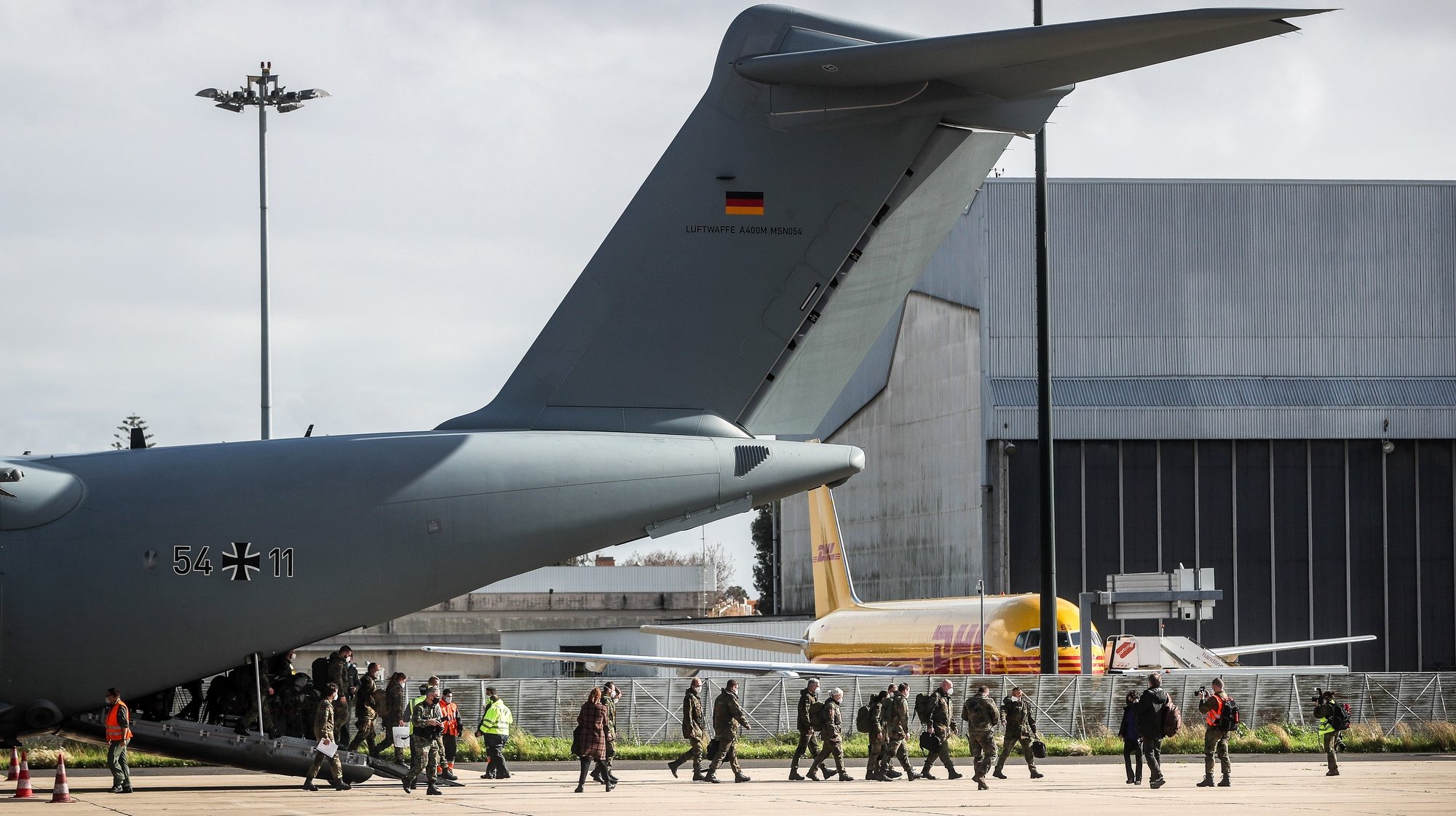 German military health professionals arrive at the airbase at Figo Maduro, in Lisbon, 03 February 2021. The German Armed Forces (Bundeswehr) decided to launch a relief mission against the coronavirus disease (covid-19) pandemic for Portugal within the framework of humanitarian emergency and disaster relief. For this purpose, an Airbus A400M of the German Air Force took off on the day for Lisbon Airport with a medical aid team and numerous medical equipment and medical products.  MARIO CRUZ/LUSA