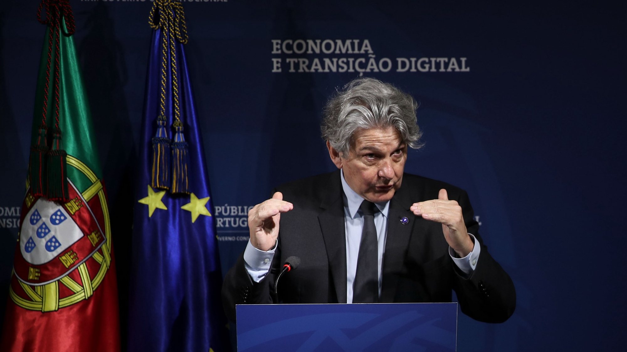 The European Commissioner for Internal Market, Thierry Breton, during the joint press conference with the Minister of State, Economy and Digital Transition, Pedro Siza Vieira (absent from photo), Lisbon, March 26th 2021.  MANUEL DE ALMEIDA/LUSA