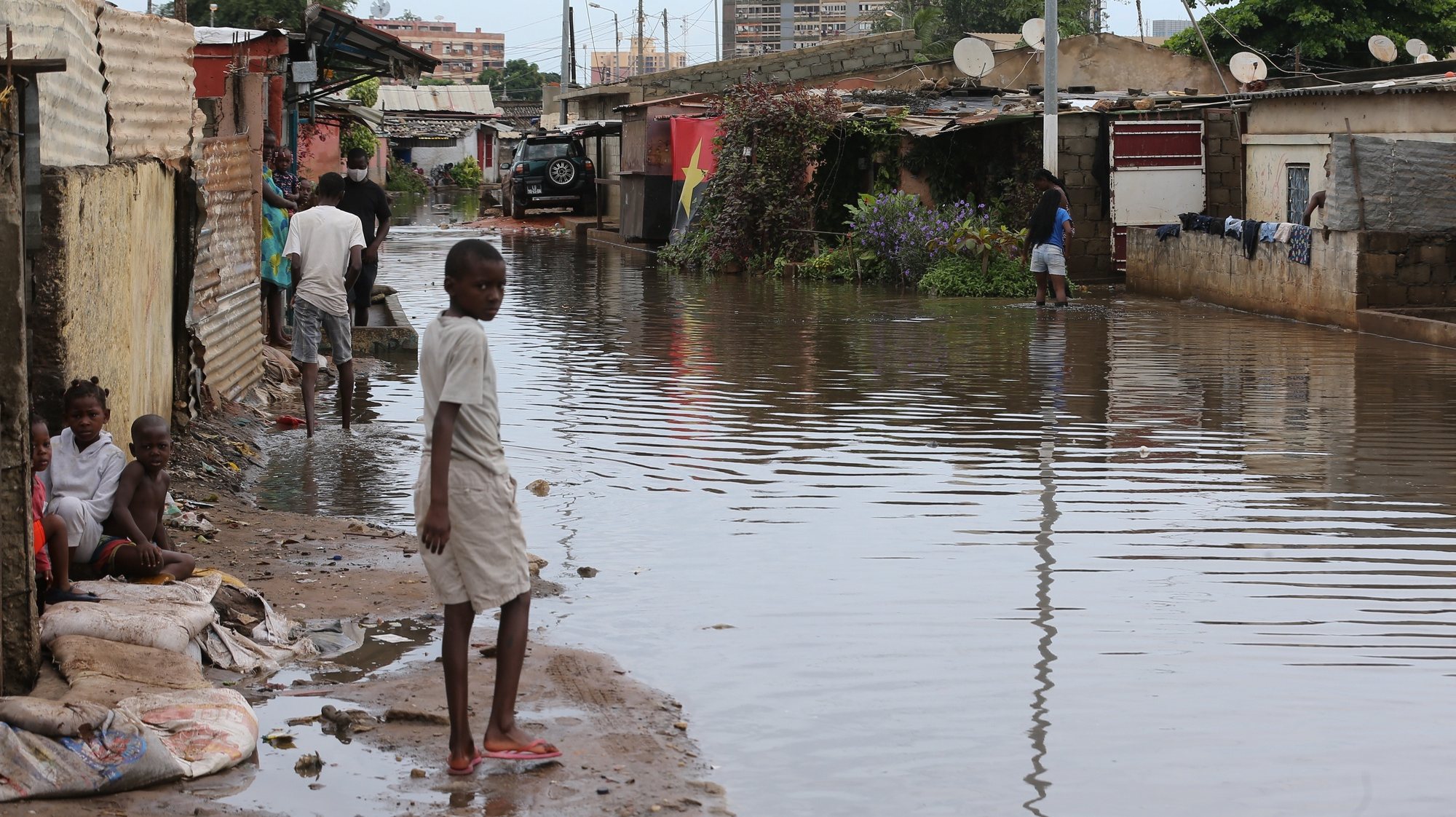 Flooded street in a Luanda neighborhood following the heavy rains that fell yesterday that caused the death to 14 people and flooded more than 16 000 houses, Luanda, Angola, 20th April 2021.  AMPE ROGERIO/LUSA