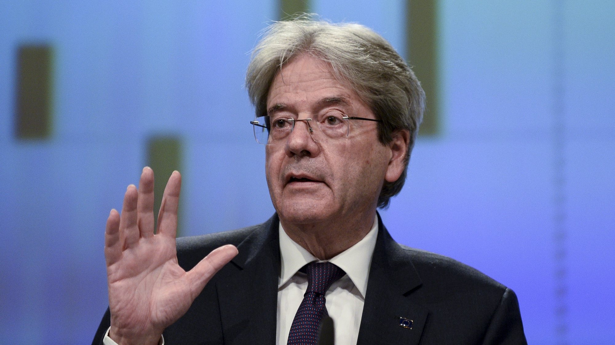 epa09193239 European Commissioner for Economy Paolo Gentiloni attends a news conference on the economic forecast for spring 2021 in Brussels, Belgium, 12 May 2021.  EPA/JOHANNA GERON / POOL