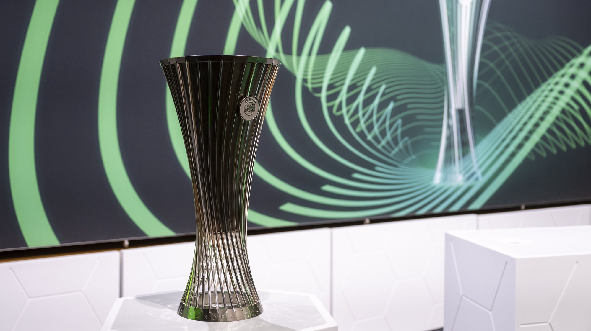 epa10528275 The trophy is displayed ahead of the UEFA Europa Conference League 2022/23 quarter-final and semi-final draw, at the UEFA Headquarters in Nyon, Switzerland, 18 March  2022.  EPA/MARTIAL TREZZINI