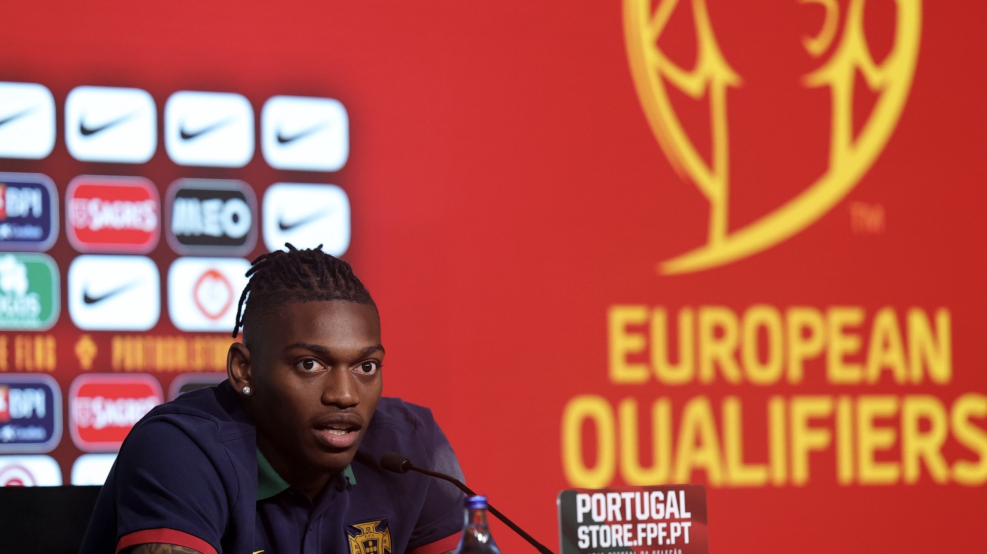 Portugal national team soccer player Rafael Leao attends a press conference during the stage of the Portuguese National Team preparation for qualifying stage for Euro 2024, in Oeiras, outskirts of Lisbon, Portugal, 13 June 2023. Portugal will face Bosnia-Herzegovina on 17 June at the Luz stadium in Lisbon. MANUEL DE ALMEIDA/LUSA