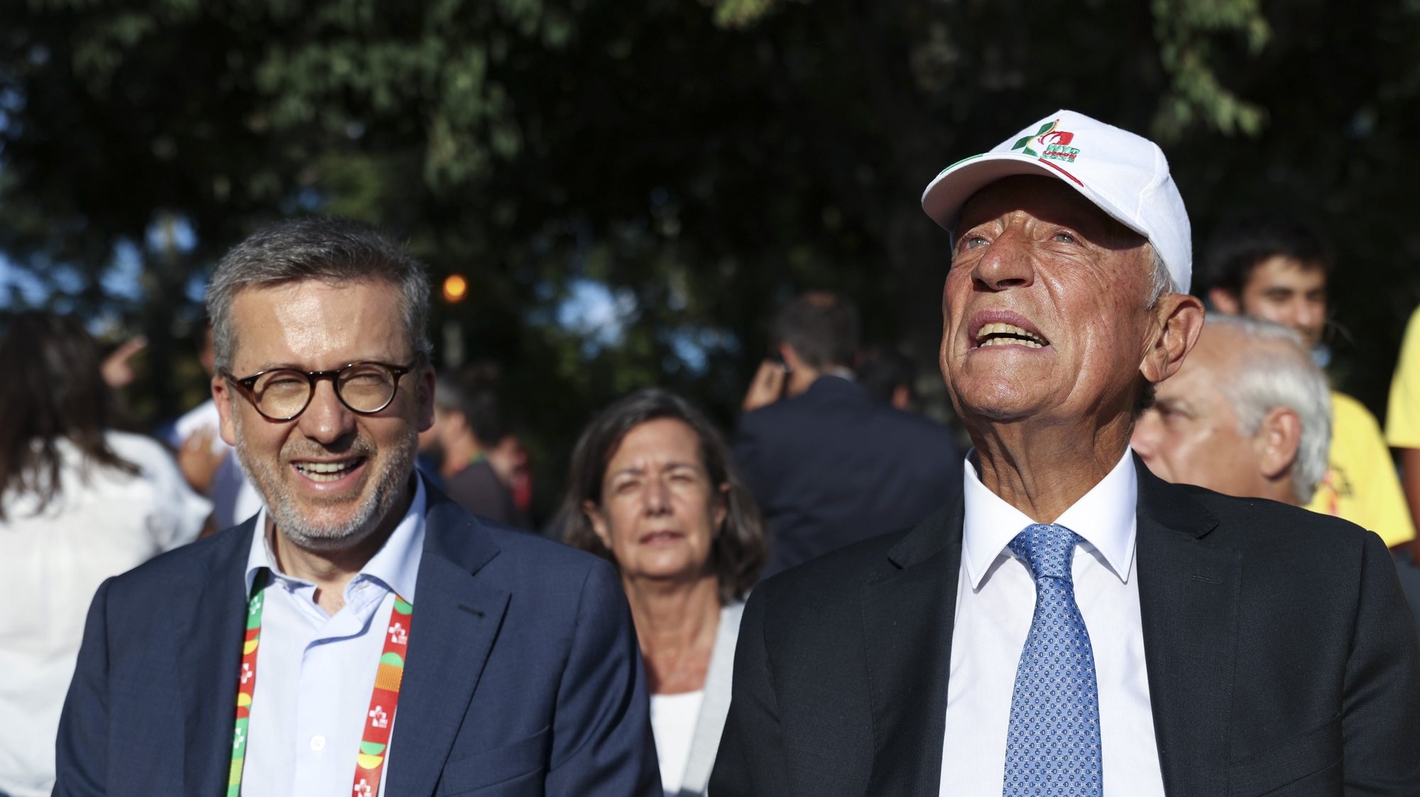 Portuguese President Marcelo Rebelo de Sousa (R) accompanied by Lisbon Mayor Carlos Moedas (L) on arrival to take part in the opening mass on the first day of the World Youth Day (WYD), in Lisbon, Portugal, 01 August 2023. The Pontiff will be in Portugal on the occasion of World Youth Day (WYD), one of the main events of the Church that gathers the Pope with youngsters from around the world, that takes place untill 06 August. MIGUEL A. LOPES/LUSA/POOL