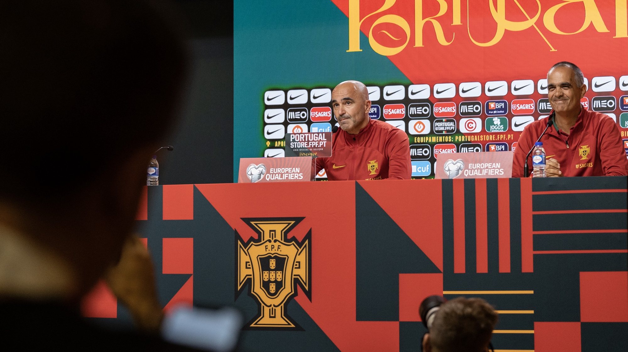 Portuguese national soccer team head coach Robert Martinez (L) attends a press conference during the preparations for the qualifying stage for the UEFA Euro 2024, at Dragao stadium, in Porto, north of Portugal, 12 October 2023. Portugal faces Slovakia on 13th October for UEFA EURO 2024 qualifiers. JOSE COELHO/LUSA