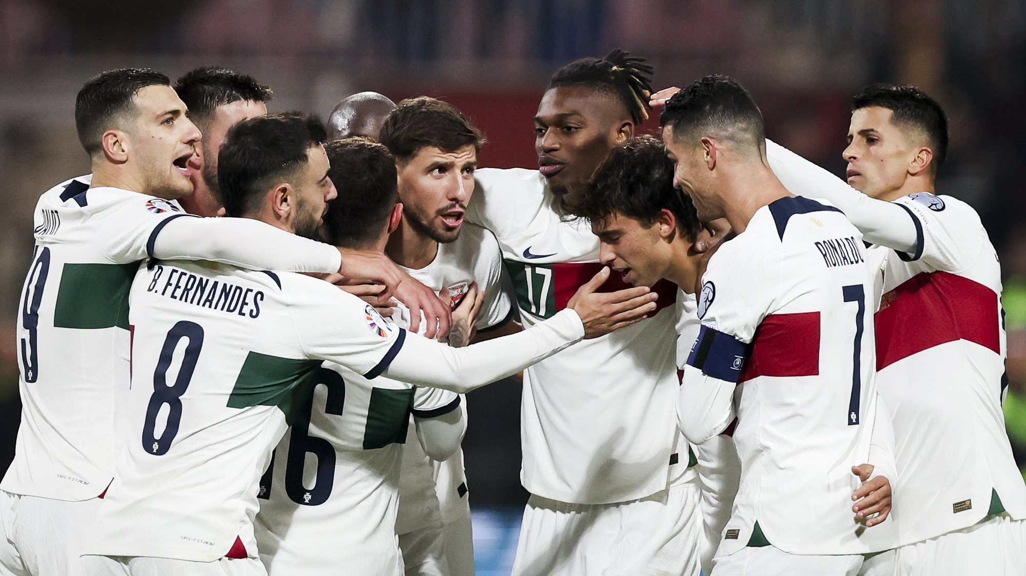 Portugal national team soccer player Joao Felix (3-R) celebrates with his team mates after scoring a goal during the qualifying stage match between Bosnia and Herzegovina and Portugal for the UEFA Euro 2024, at Bilino Polje Stadium, Zenica, Bosnia and Herzegovina, 16 October 2023. JOSE SENA GOULAO/LUSA