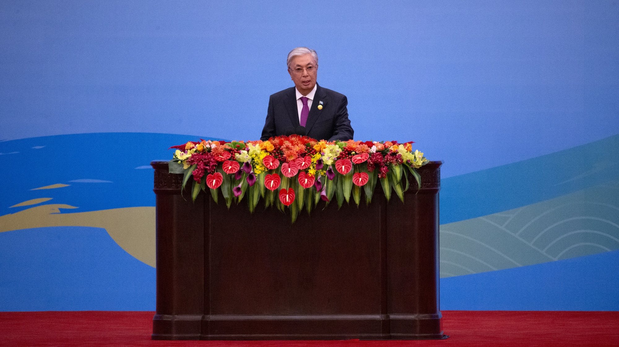 epa10924983 Kazakhstan&#039;s President Kassym-Jomart Tokayev speaks during the opening ceremony of the Third Belt and Road Forum for International Cooperation at the Great Hall of the People in Beijing, China, 18 October 2023.  EPA/ANDRES MARTINEZ CASARES