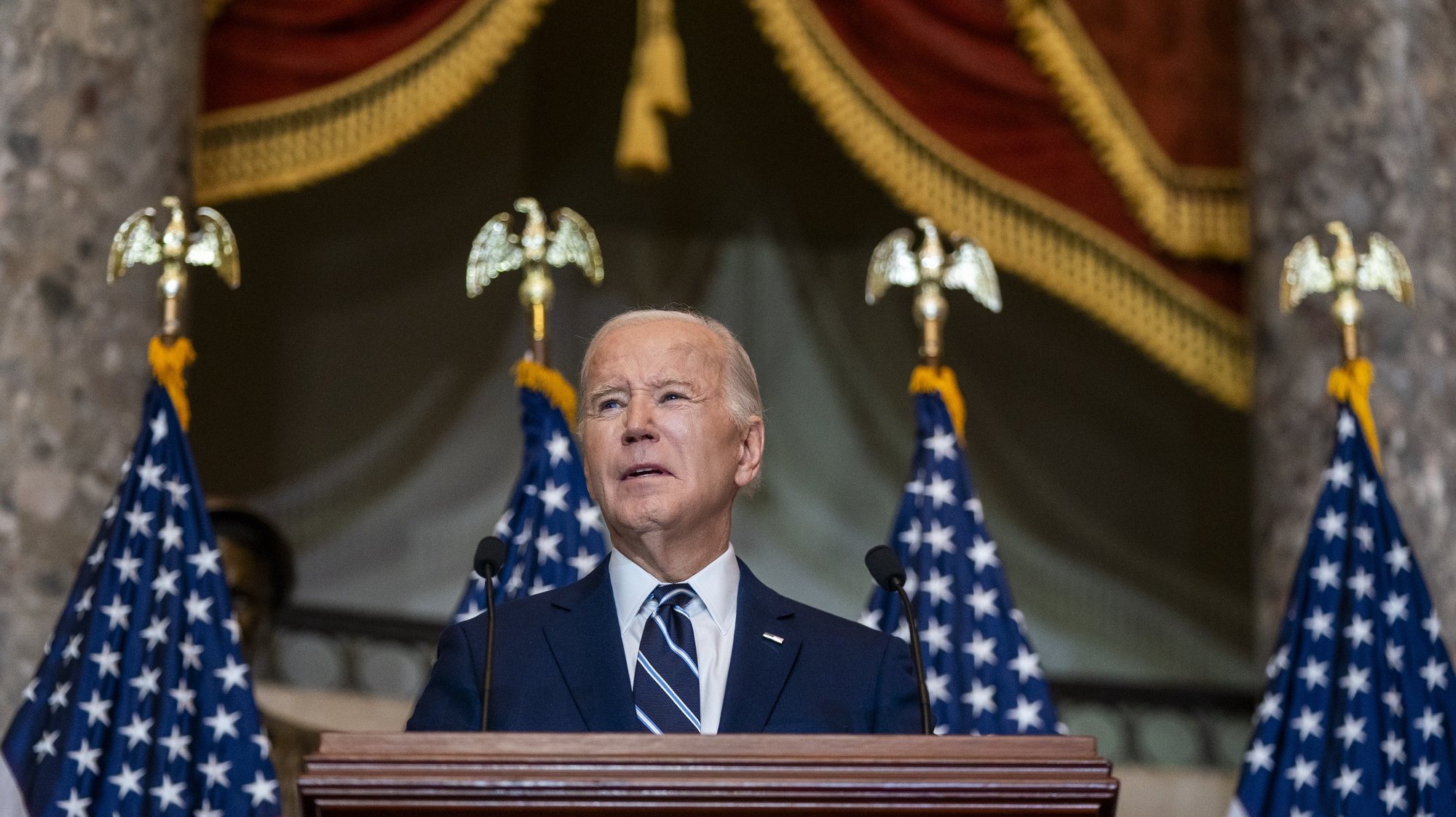 epa11118292 US President Joe Biden delivers remarks at the National Prayer Breakfast in Statuary Hall of the US Capitol in Washington, DC, USA, 01 February 2024. Every US president since Dwight Eisenhower in 1953 has attended the annual breakfast.  EPA/SHAWN THEW / POOL