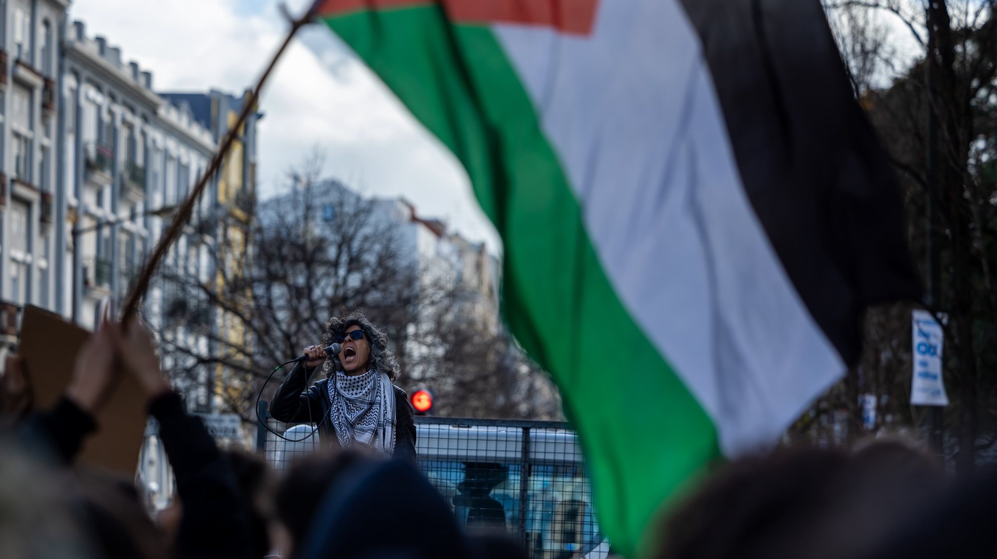 People shout anti war words on a march during a national demonstration for a &#039;Free Palestine&#039;, in Lisbon, Portugal, 10 February 2024. JOSE SENA GOULAO