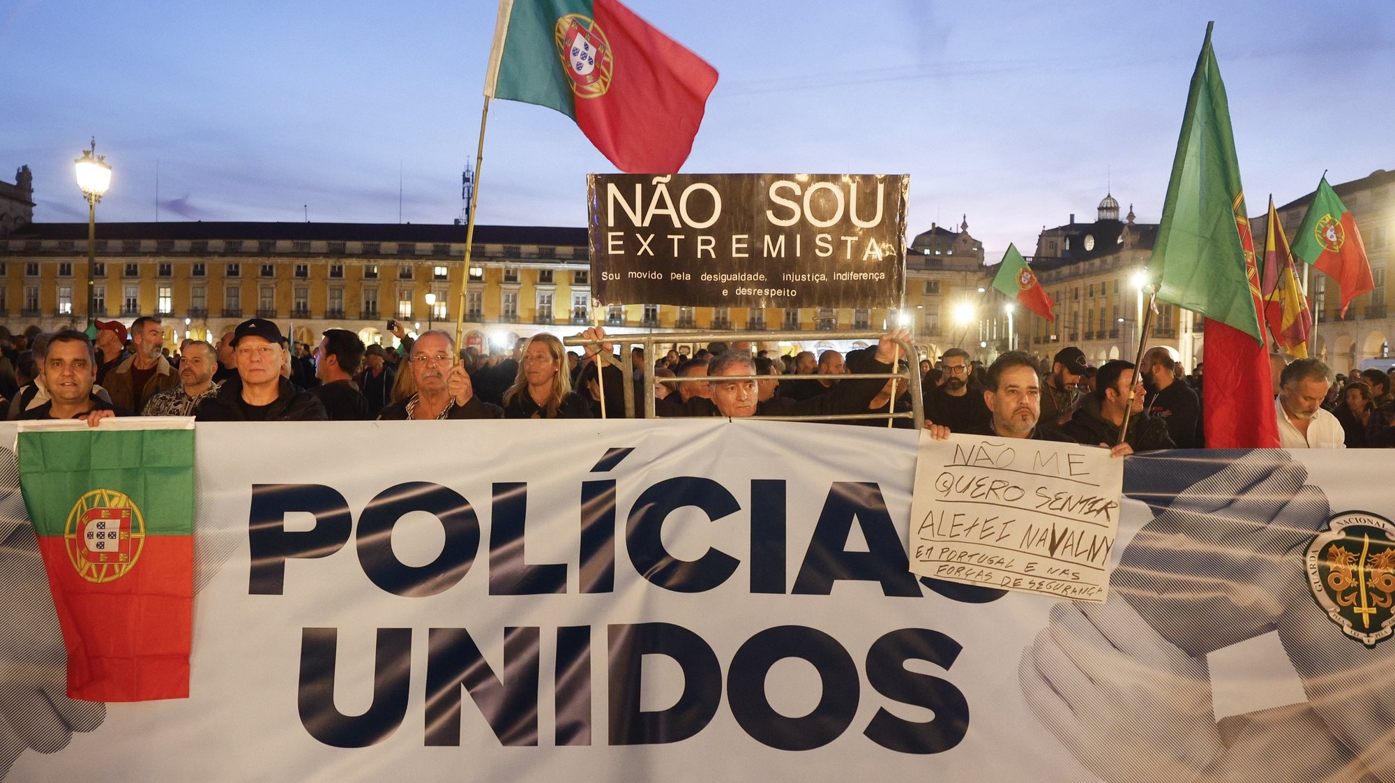 PSP (Public Security Police) and GNR (National Republican Guard) police forces during a demonstration against the government policies regarding a pension given to the Judiciary Police and not to the other police forces, in Lisbon, Portugal, 19 February 2024. ANTONIO PEDRO SANTOS/LUSA