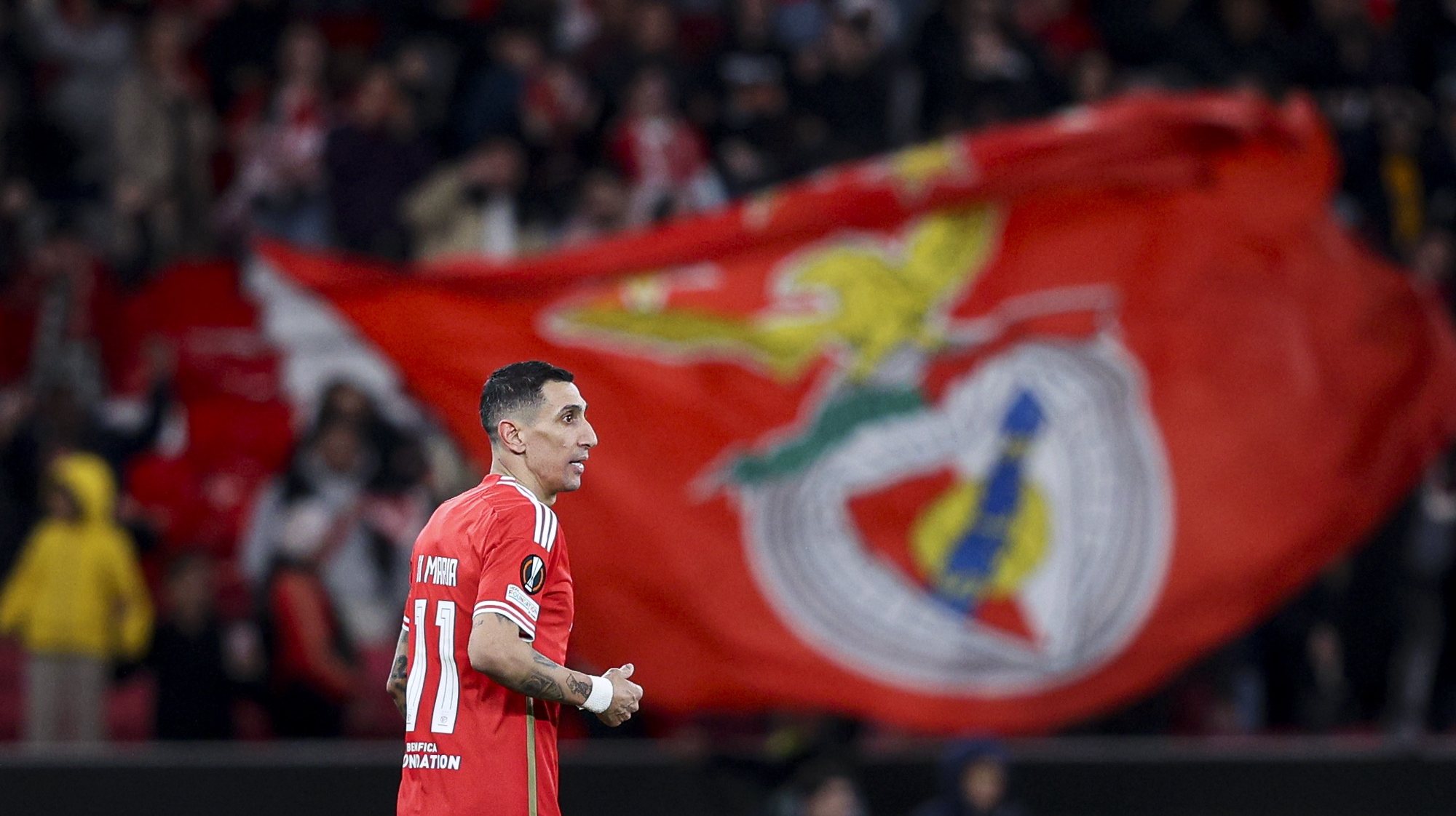 Benfica&#039;s Di Maria (R) celebrates after the Rangers’ owngoal during the UEFA Europe League round of sixteen first leg soccer match between Benfica and Glasgow Rangers held at Luz Stadium, in Lisbon, Portugal, 07 March 2024. FILIPE AMORIM/LUSA