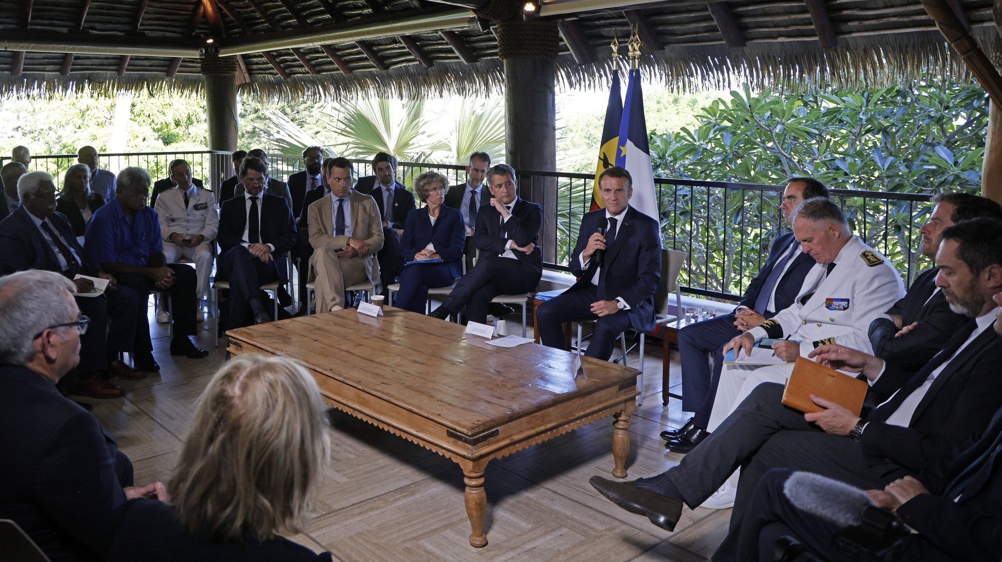 epa11361794 French President Emmanuel Macron (C) meets with New Caledonia&#039;s elected officials and local representatives at the French High Commissioner Louis Le Franc&#039;s residence in Noumea, France&#039;s Pacific territory of New Caledonia on 23 May 2024. The President&#039;s trip comes on the heels of military evacuation flights for Australians and New Zealanders from the small Magenta domestic airport in New Caledonia&#039;s capital Noumea, which touched down in Brisbane and Auckland in the evening of 21 May.  EPA/LUDOVIC MARIN / POOL  MAXPPP OUT