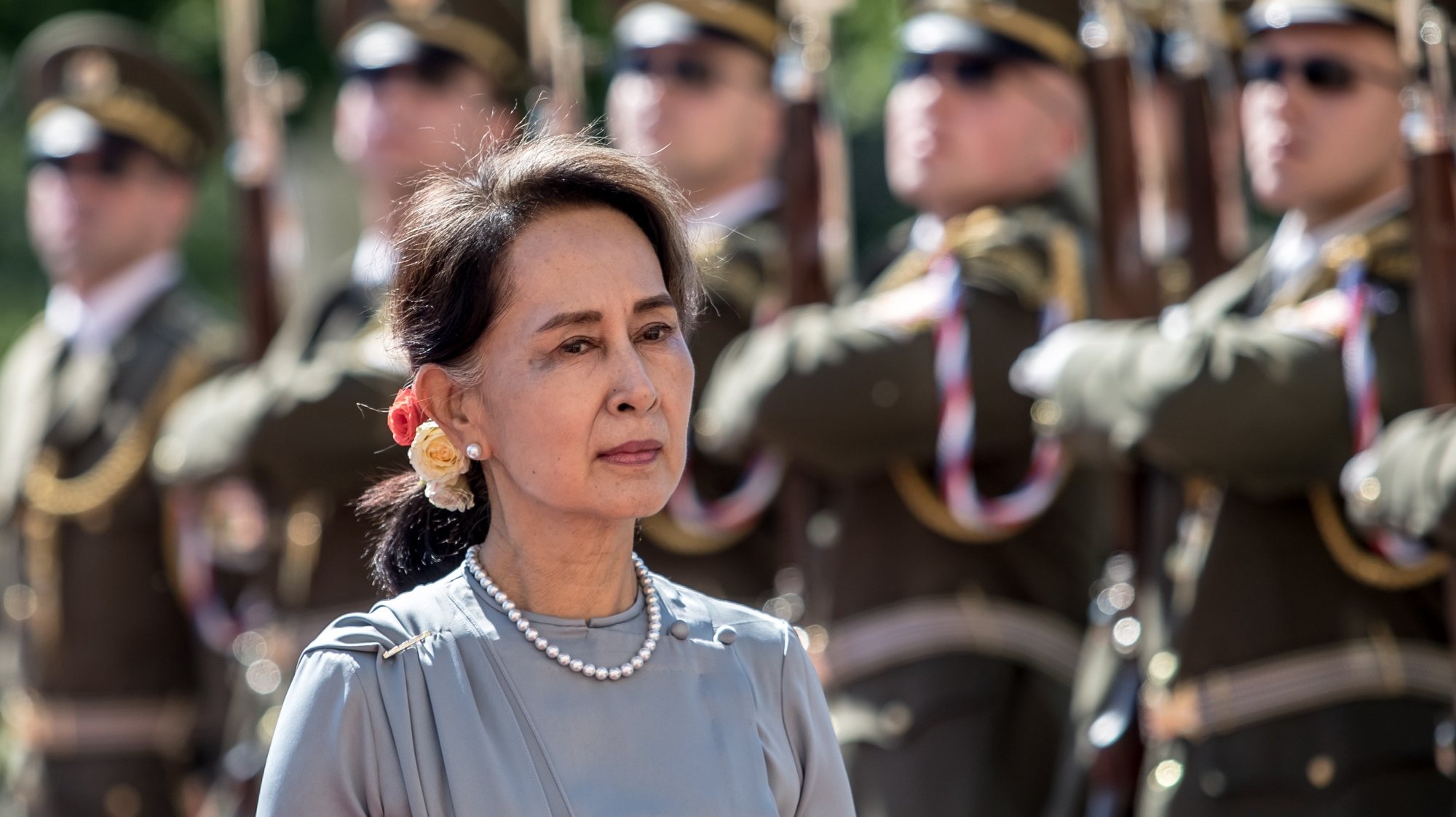epa08978815 (FILE) - Myanmar&#039;s State Counselor Aung San Suu Kyi inspects a guard of honor during a welcome ceremony in Prague, Czech Republic, 03 June 2019 (reissued 01 February 2021). According to media reports Myanmar&#039;s State Counselor Aung San Suu Kyi and Myanmar president Win Myint were arrested by the military in a raid on 01 February amidst reports of a coup.  EPA/MARTIN DIVISEK *** Local Caption *** 56487053