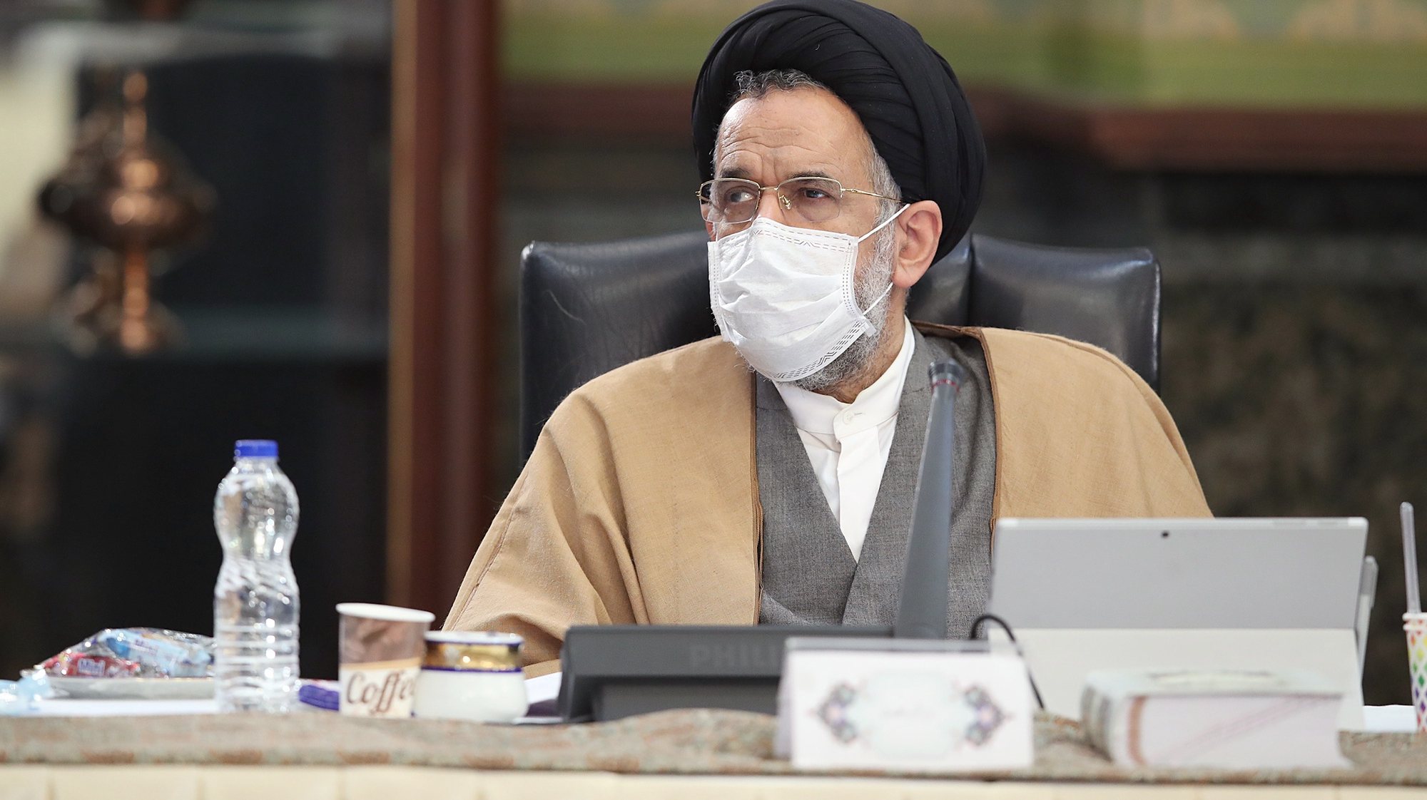 epa08364278 A handout photo made available by Iran&#039;s Presidential Office shows Iranian intelligence minister Mahmoud Alavi wearing a face mask during a cabinet meeting in Tehran, Iran, 15 April 2020. According to media reports, Rouhani announced that the country will not hold the Islamic Republic of Iran Army Day on 18 April 2020 due to the coronavirus pandemic in the country.  EPA/IRAN&#039;S PRESIDENTIAL OFFICE HANDOUT  HANDOUT EDITORIAL USE ONLY/NO SALES