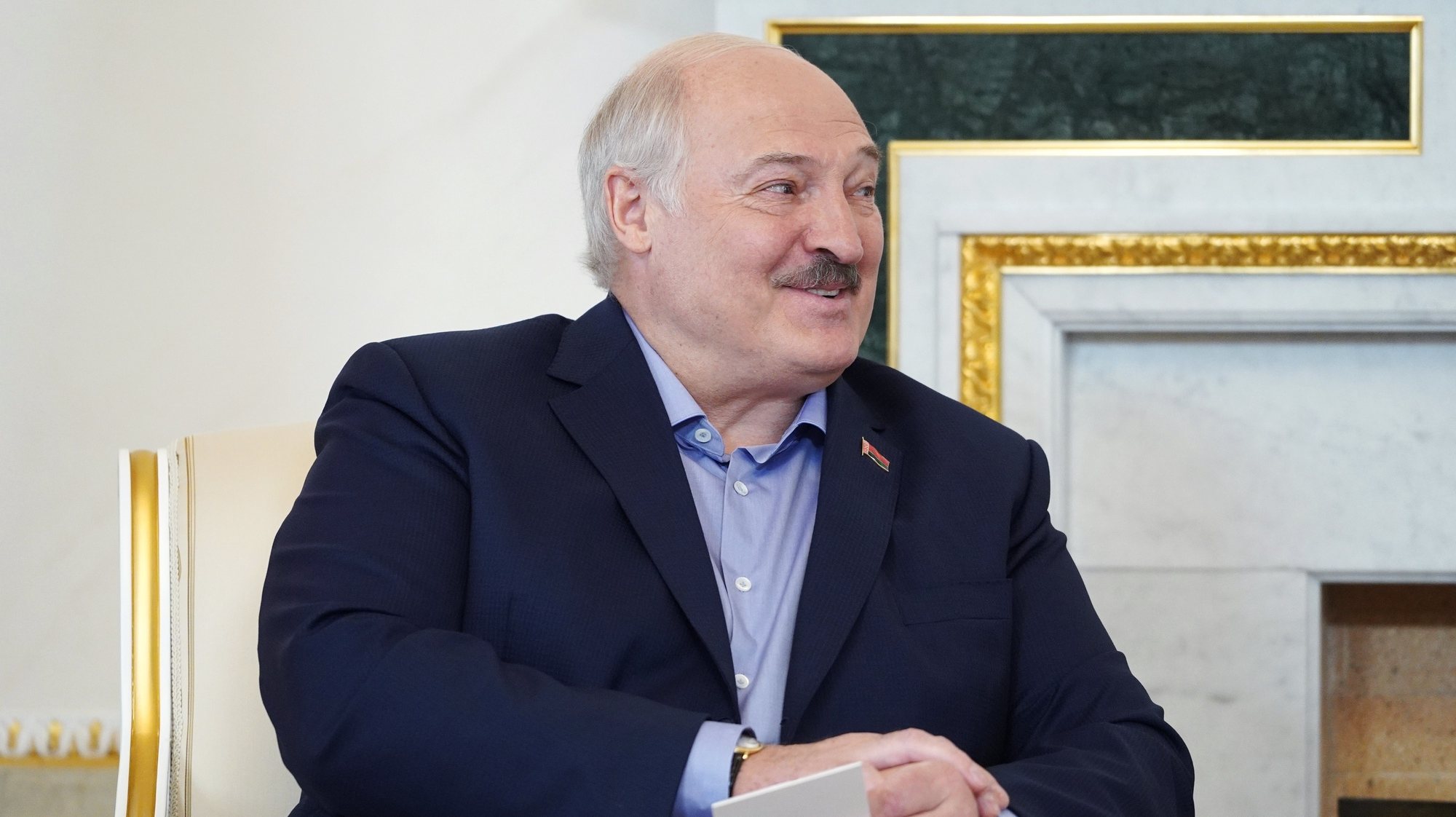 epa10763669 Belarusian President Alexander Lukashenko speaks during his meeting with Russian President in St. Petersburg, Russia, 23 July 2023. Alexander Lukashenko is on working visit to Russia.  EPA/ALEXANDER DEMYANCHUK / KREMLIN / POOL