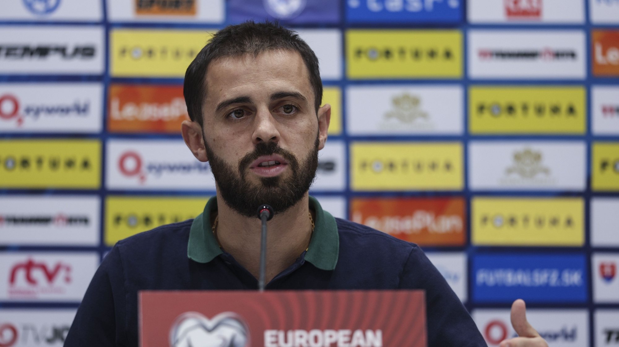 Portugal national team soccer player Bernardo Silva attends a press conference prior to tomorrows match against Slovakia for the qualifying stage for the UEFA Euro 2024, in Tehelne Pole Stadium in Bratislava, Slovakia 07 September 2023. Portugal is preparing for the matches against Slovakia and Luxembourg for UEFA EURO 2024 qualifiers. MIGUEL A. LOPES/LUSA