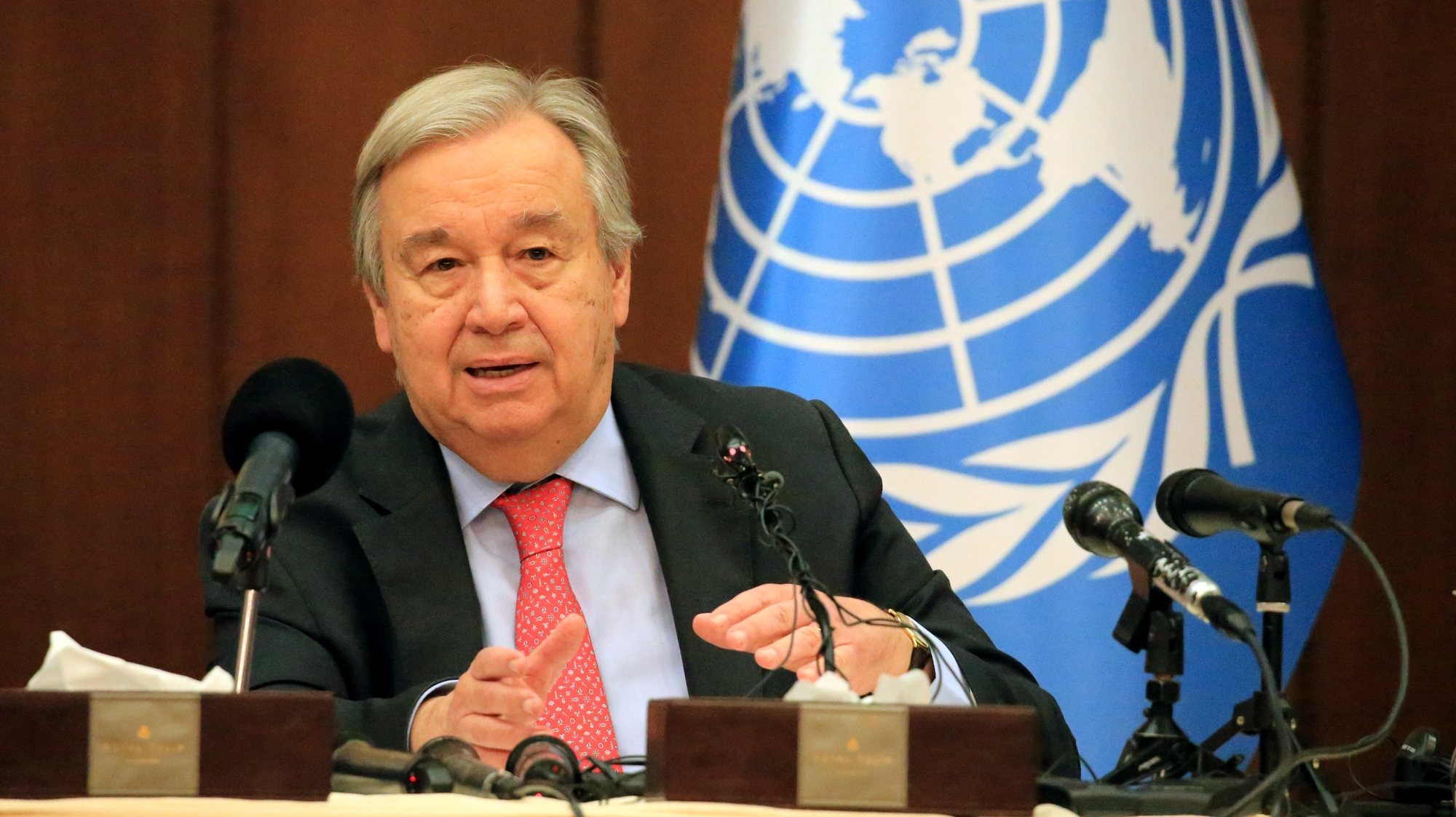 epa10497271 The Secretary-General of the United Nations, Antonio Guterres speaks during a press conference at the al-Rasheed hotel in Baghdad, Iraq, 01 March 2023. Antonio Guterres announced that his visit is to show solidarity and promote hope for a better future for Iraq.  EPA/AHMED JALIL