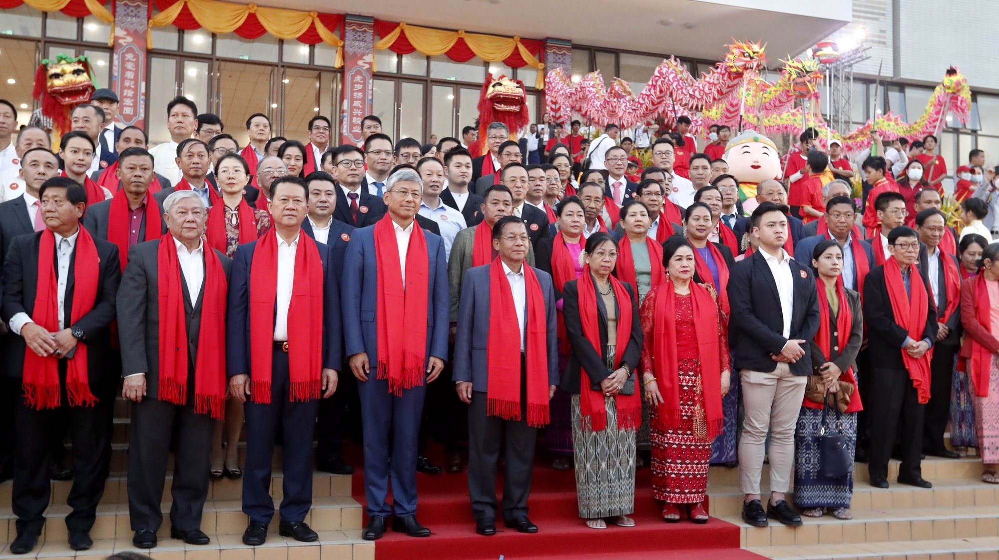 epa10420760 Myanmar military chief Senior General Min Aung Hlaing (C-R) and Chinese ambassador to Myanmar Chen Hai (C-L) pose for group photo during the opening ceremony of the Chinese new year celebration at the Thuwanna Indoor Stadium, in Yangon, Myanmar, 21 January 2023. The Chinese lunar new year, also called &#039;Spring Festival&#039;, falls on 22 January 2023, marking the beginning of the Year of the Rabbit.  EPA/NYEIN CHAN NAING
