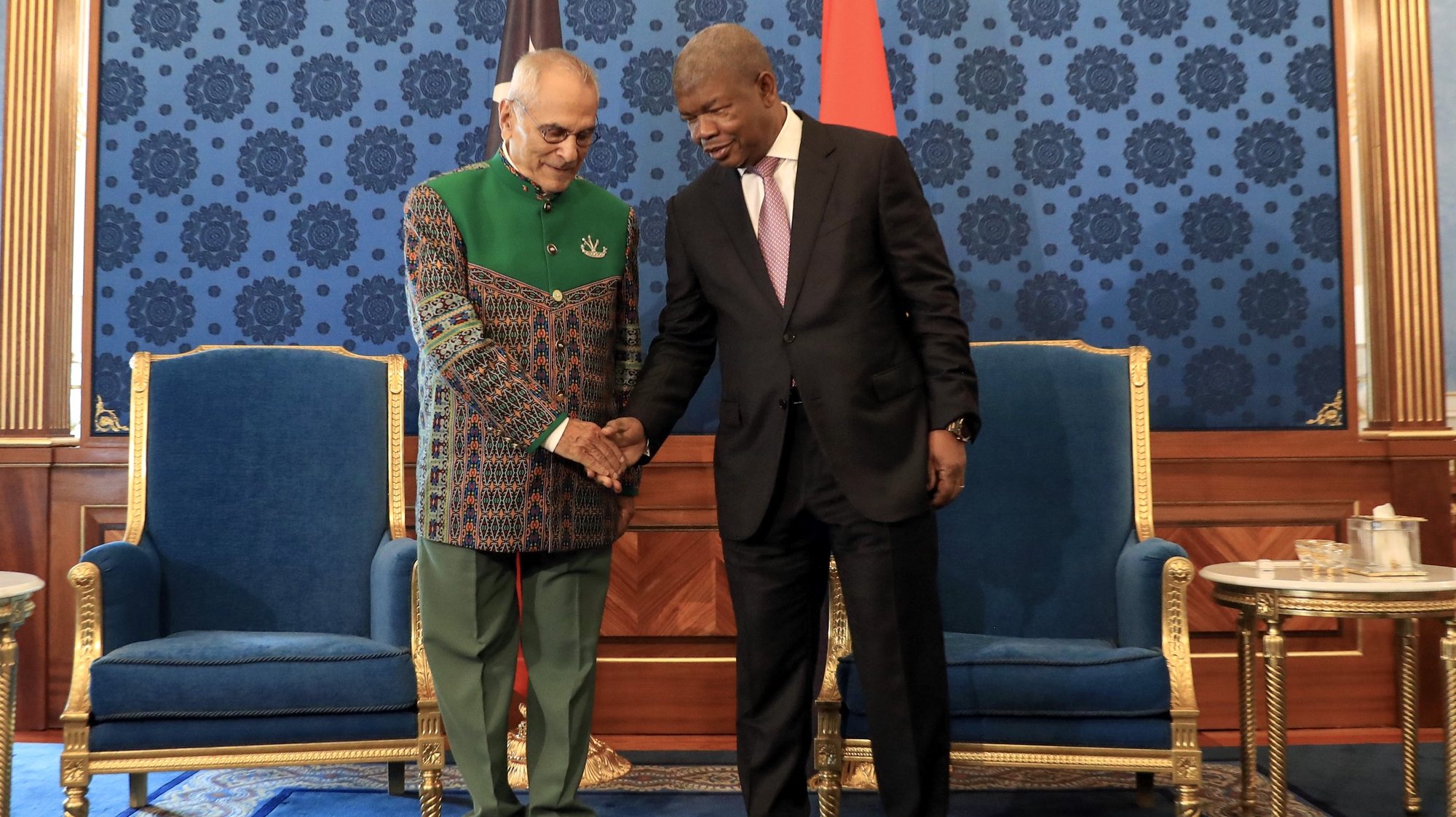 The President of Angola, João Lourenço (D), shakes hands with the President of Timor-Leste José Ramos-Horta (L), moments before a meeting, as part of the visit of the Timorese head of state to Angola, at the Presidential Palace in Luanda, Angola, July 8, 2024. AMPE ROGÉRIO/LUSA