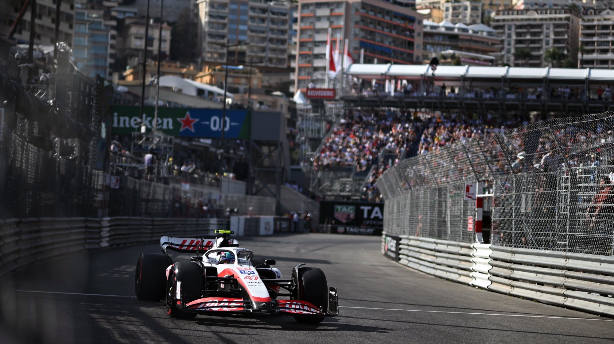 epa09980475 German Formula One driver Mick Schumacher of Haas F1 Team in action during the second practice session of the Formula One Grand Prix of Monaco at the Circuit de Monaco in Monte Carlo, Monaco, 27 May 2022.  EPA/CHRISTIAN BRUNA