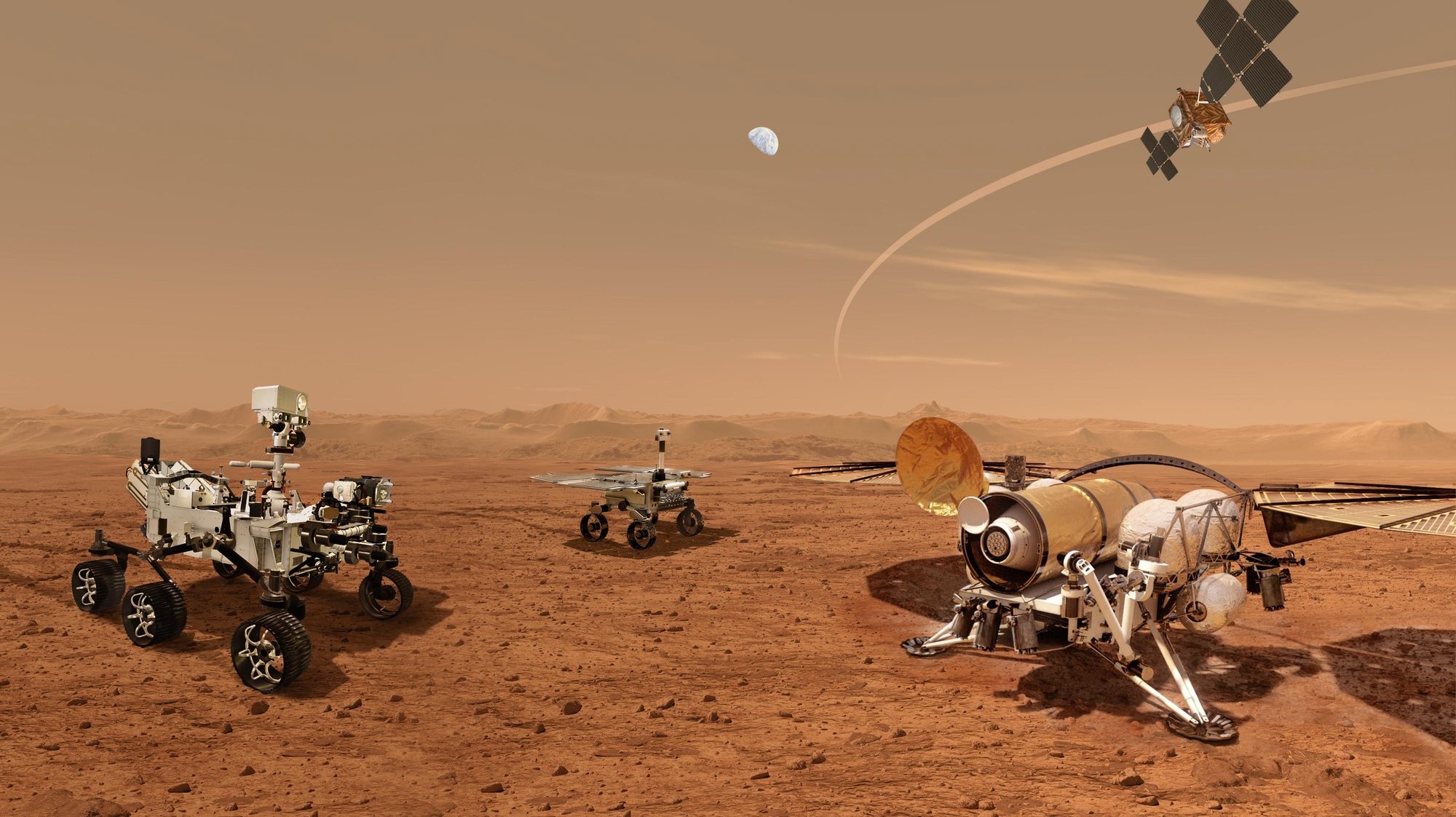 Uma imagem disponibilizada pela NASA mostra uma ilustração de robôs a trabalhar numa superfície em Marte