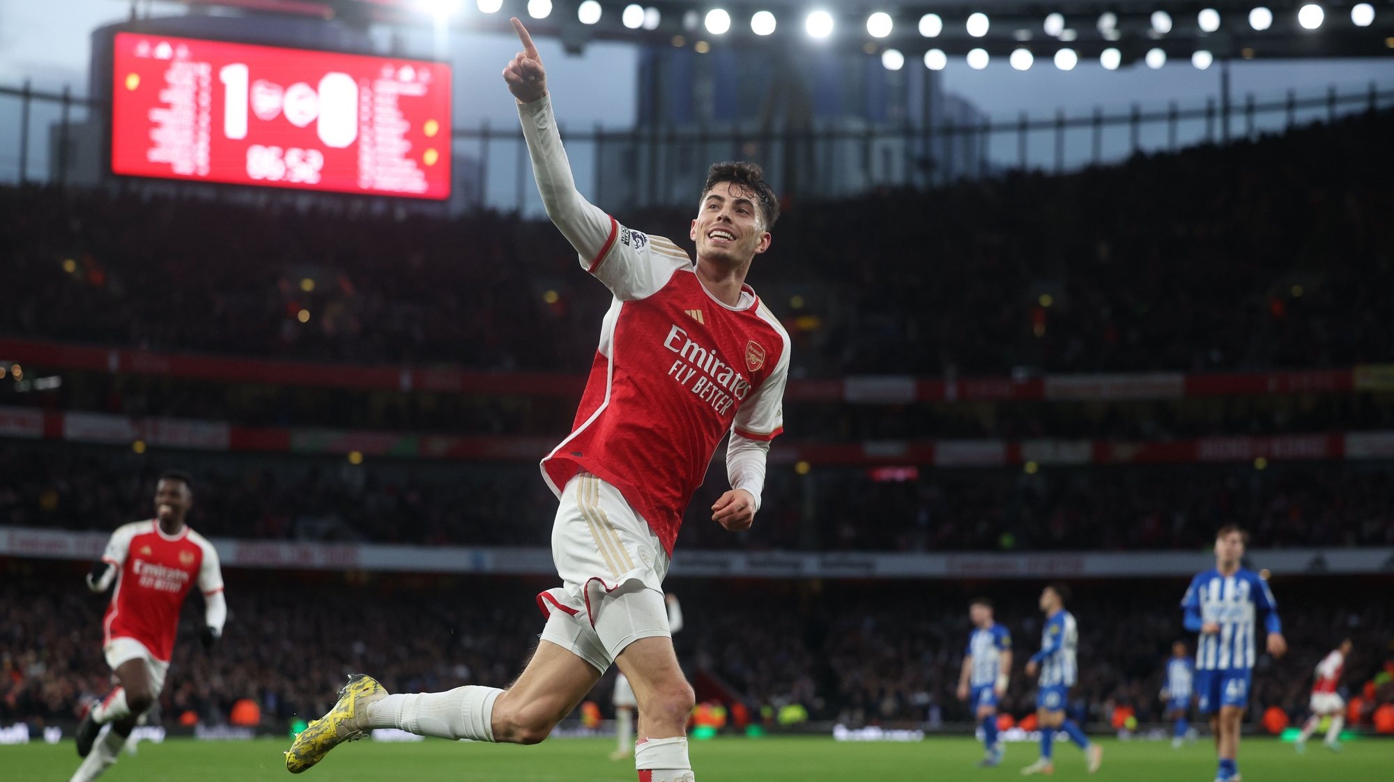 epa11034438 Arsenal’s Kai Havertz celebrates after he scores the 2-0 goal during the English Premier League soccer match between Arsenal FC and Brighton &amp; Hove Albion, in London, Britain, 17 December 2023.  EPA/NEIL HALL EDITORIAL USE ONLY. No use with unauthorized audio, video, data, fixture lists, club/league logos, &#039;live&#039; services or NFTs. Online in-match use limited to 120 images, no video emulation. No use in betting, games or single club/league/player publications.