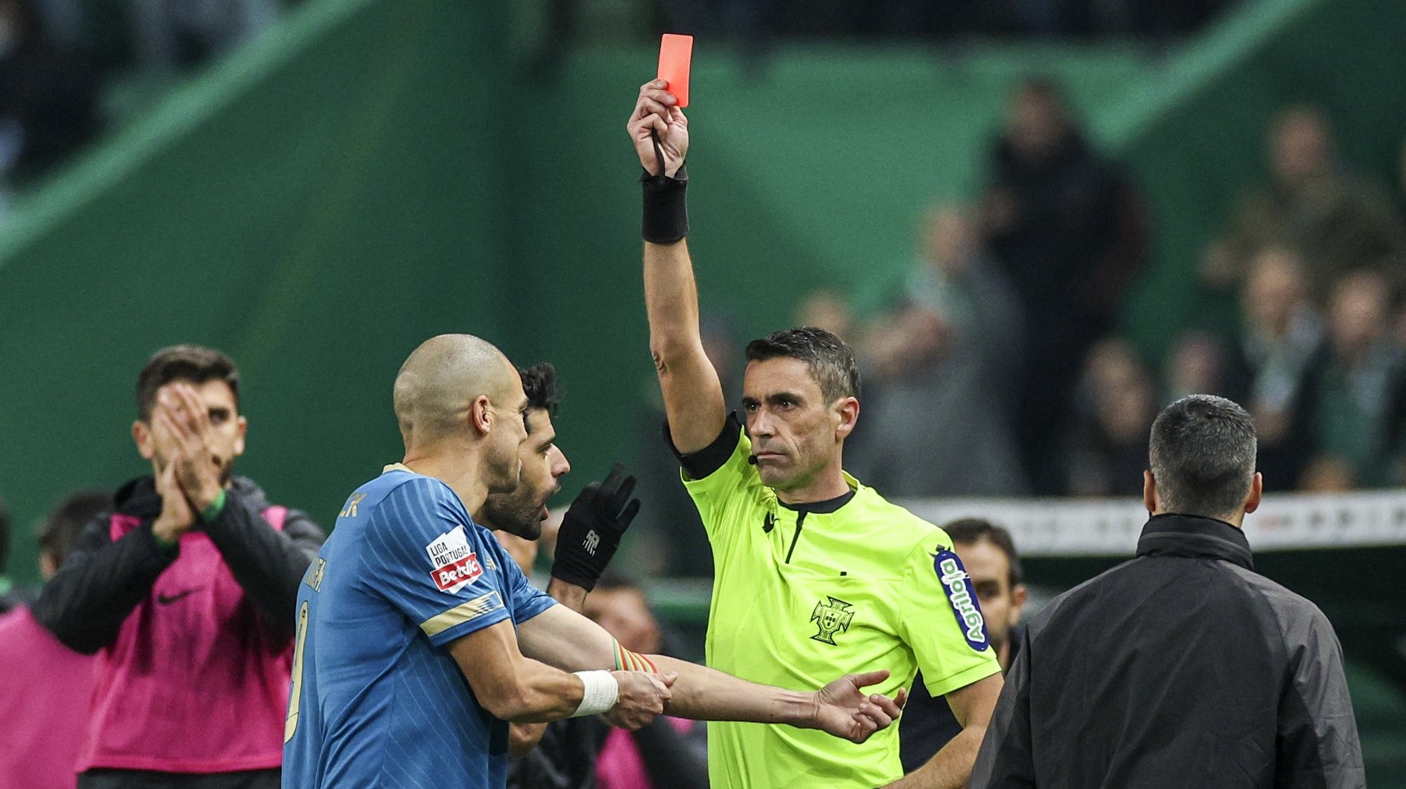 FC Porto`s Pepe (L) reacts after receiving a red card during their Portuguese First League soccer match with Sporting held at Alvalade Stadium, Lisbon, Portugal, 18th December 2023.  MIGUEL A. LOPES/LUSA