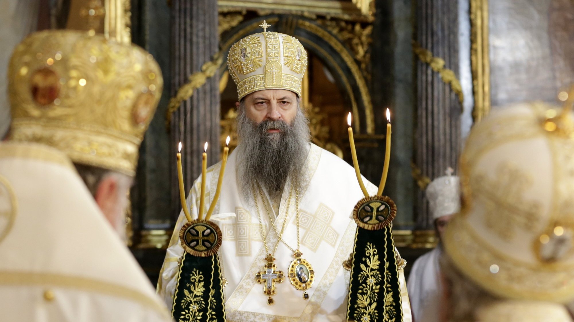 epa09023354 The new head of the Serbian Orthodox Church, Patriarch Porfirije leads a mass in Belgrade, Serbia, 19 February 2021. Serbian Orthodox Church enthroned its 46th leader after he was elected on 18 February 2021.  EPA/ANDREJ CUKIC