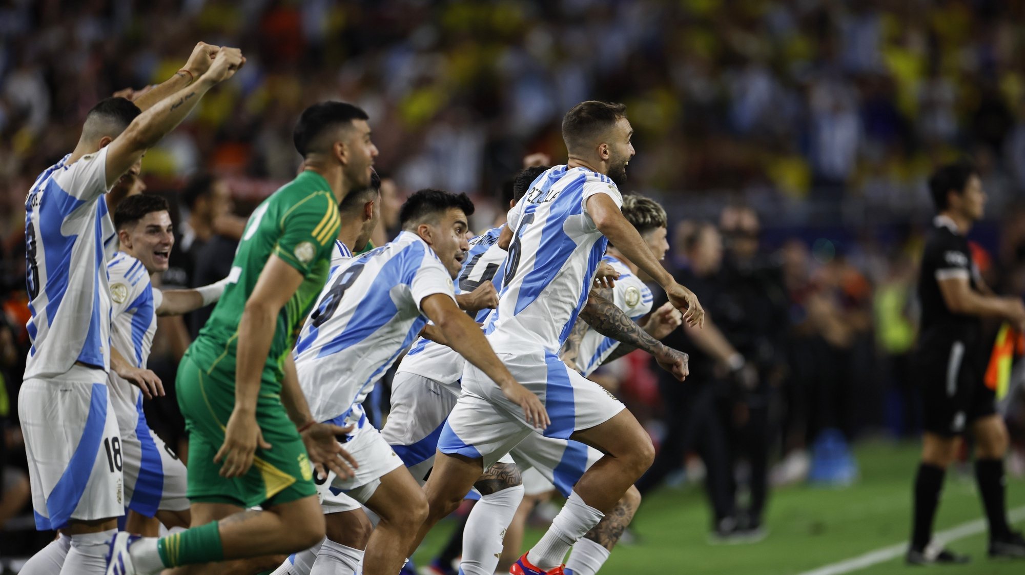 epa11479284 Argentina&#039;s players run to the pitch after extra-time play ends to 1-0 in the CONMEBOL Copa America 2024 Final against Colombia, in Miami Gardens, Florida, USA, 14 July 2024.  EPA/CJ GUNTHER
