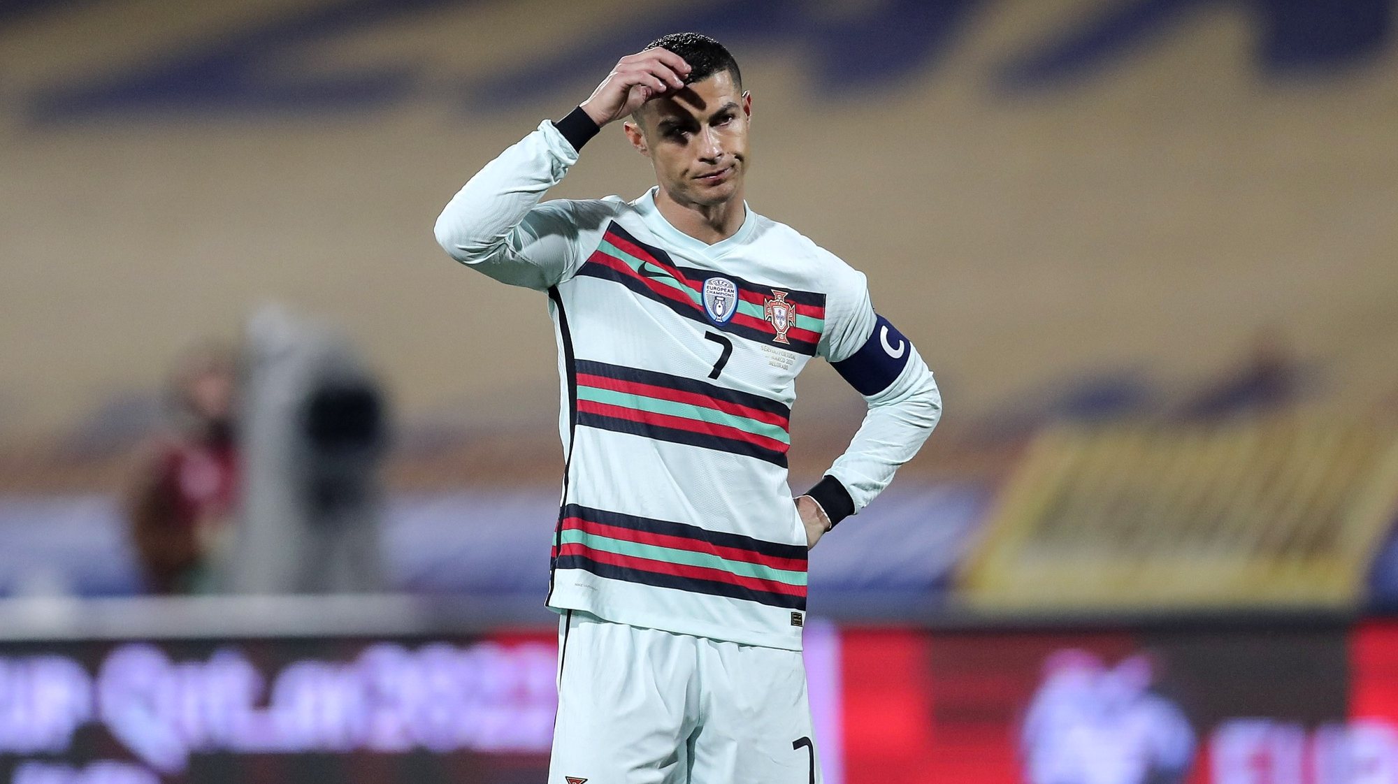 Portugal&#039;s Cristiano Ronaldo reacts during the Group A of FIFA World Cup Qatar 2022 qualifier match with Serbia at Rajko Mitic Stadium in Belgrade, Serbia, 27th March 2021. MIGUEL A. LOPES/LUSA