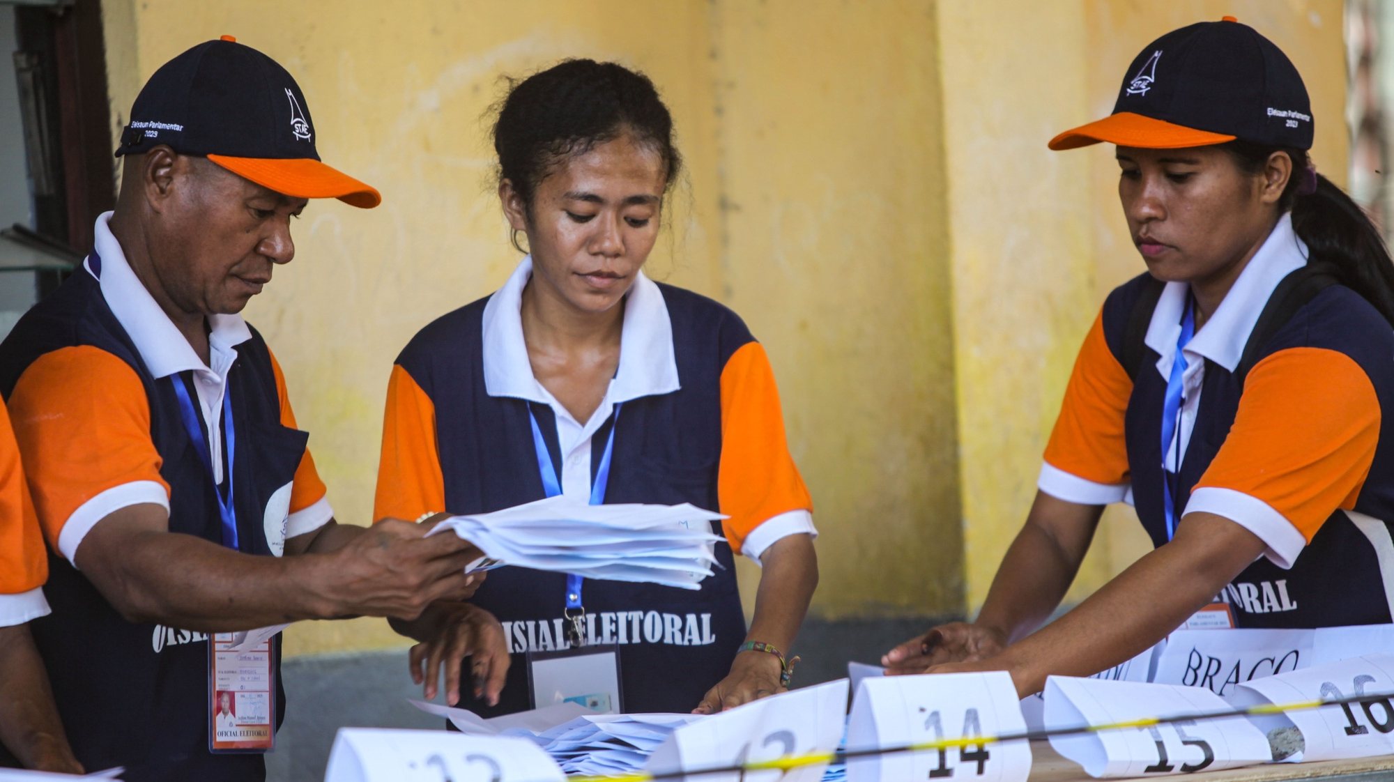 Election workers count votes during the parliamentary election at a polling station in Dili, East Timor, also known as Timor Leste, 21 May 2023. Seventeen Parties are contesting in the fifth elections in East Timor scheduled for 21 May, which may take several days to be counted. More than 890,000 voters are registered for the vote, in which the 65 members of the National Parliament will be chosen. JOAO CARREIRA/LUSA