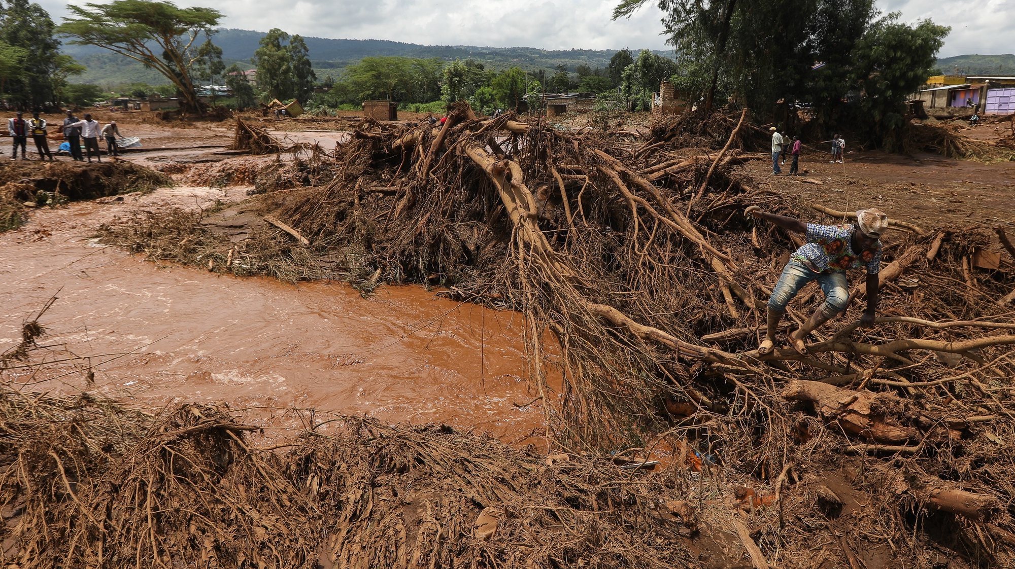 epa11308943 A local resident uses fallen trees to cross a river afterÂ Old Kijabe Dam burst its banks and caused flash floods through several villages in Mai Mahiu, in the Rift Valley region of Naivasha, Kenya, 29 April 2024. The flash floods left behind a trail of damaged houses that got swept away, claiming 42 death so far as search and rescue mission continues, according to Kenya Red Cross Society. Kenya and the wider East African region continue to experience flooding due to the ongoing heavy rainfall.  EPA/DANIEL IRUNGU
