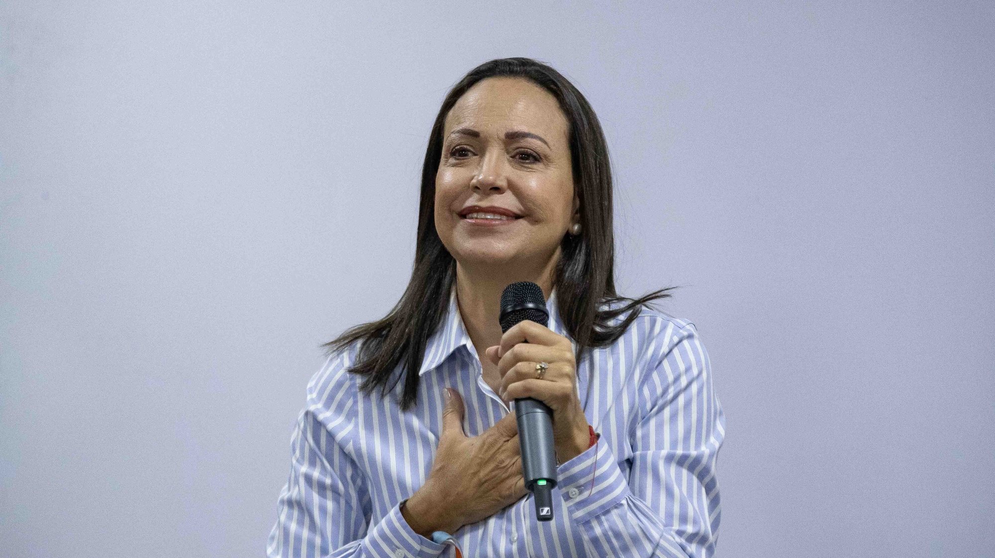 epa11413460 Former deputy Maria Corina Machado speaks in the National Forma Meeting in Caracas, Venezuela, 15 June 2024. The presidential candidate of the main opposition coalition in Venezuela, Edmundo Gonzalez Urrutia, insisted on the need for citizens to be vigilant of the electoral process on July 28. &quot;Not only do we have to settle for going to vote on the 28th, as we are all surely going to do, we also have to be very, very alert in surveillance and vote control,&quot; said the standard-bearer for the Democratic Unitary Platform (PUD), in a meeting with young people and leaders of various political organizations, in Caracas.  EPA/Ronald Pena R.