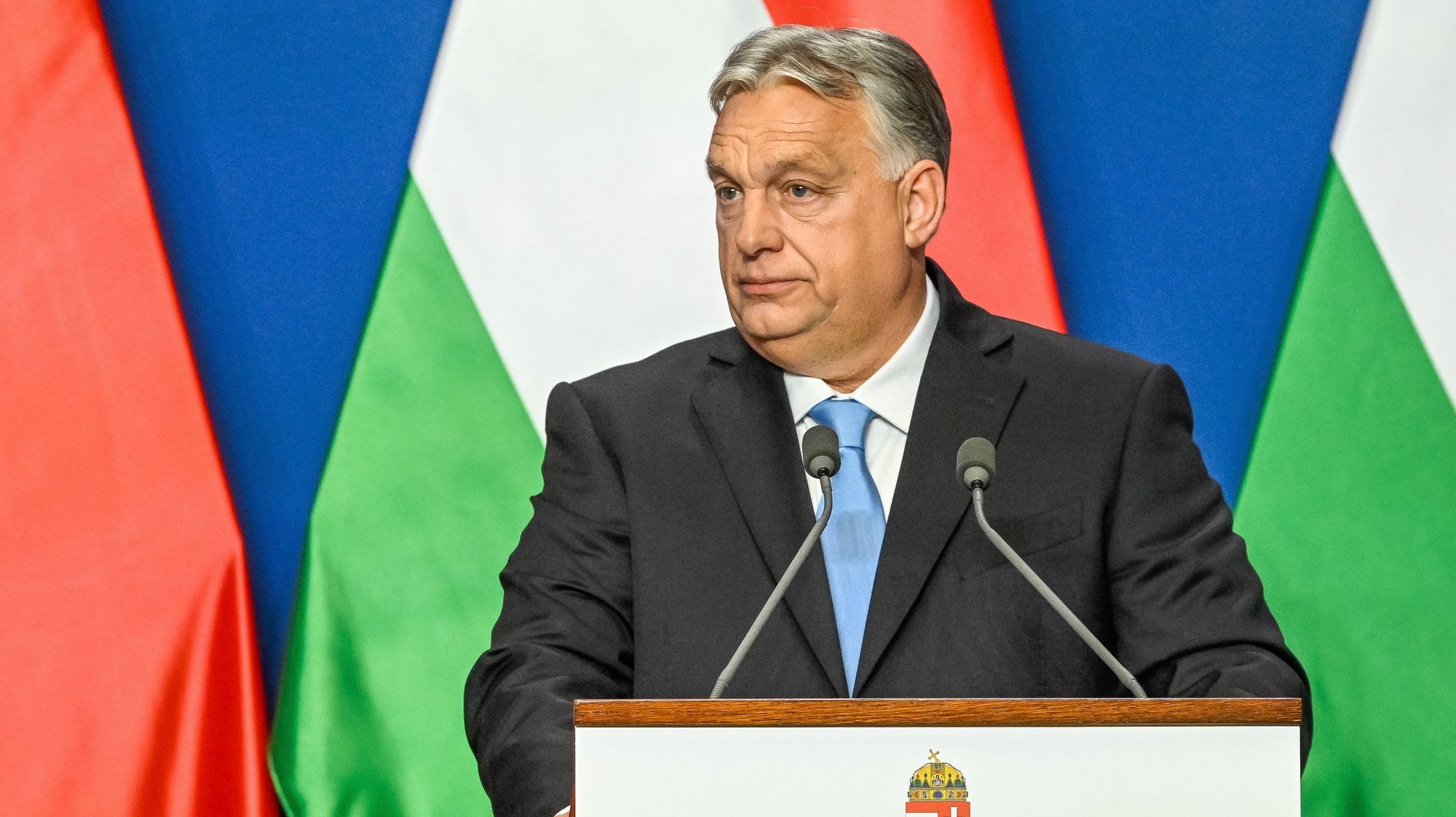 epa11329763 Hungarian Prime Minister Viktor Orban speaks during his joint press conference with Chinese President (not pictured) following their talks at the PM&#039;s office, the former Carmelite Monastery, in Budapest, Hungary, 09 May 2024.  EPA/Szilard Koszticsak HUNGARY OUT