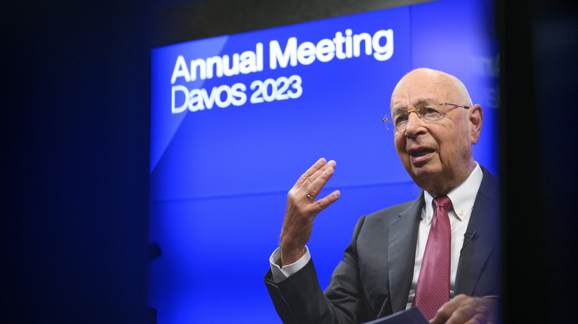 epa10398043 Klaus Schwab, Founder and Executive Chairman of the World Economic Forum (WEF), practices his speech before a virtual media briefing, in Cologny, near Geneva, Switzerland, 10 January 2023. The World Economic Forum unveiled the program for its upcomming Annual Meeting Davos 2023, Switzerland, including the key participants, themes and goals. The WEF 2023 will take place from 16 to 20 January.  EPA/LAURENT GILLIERON