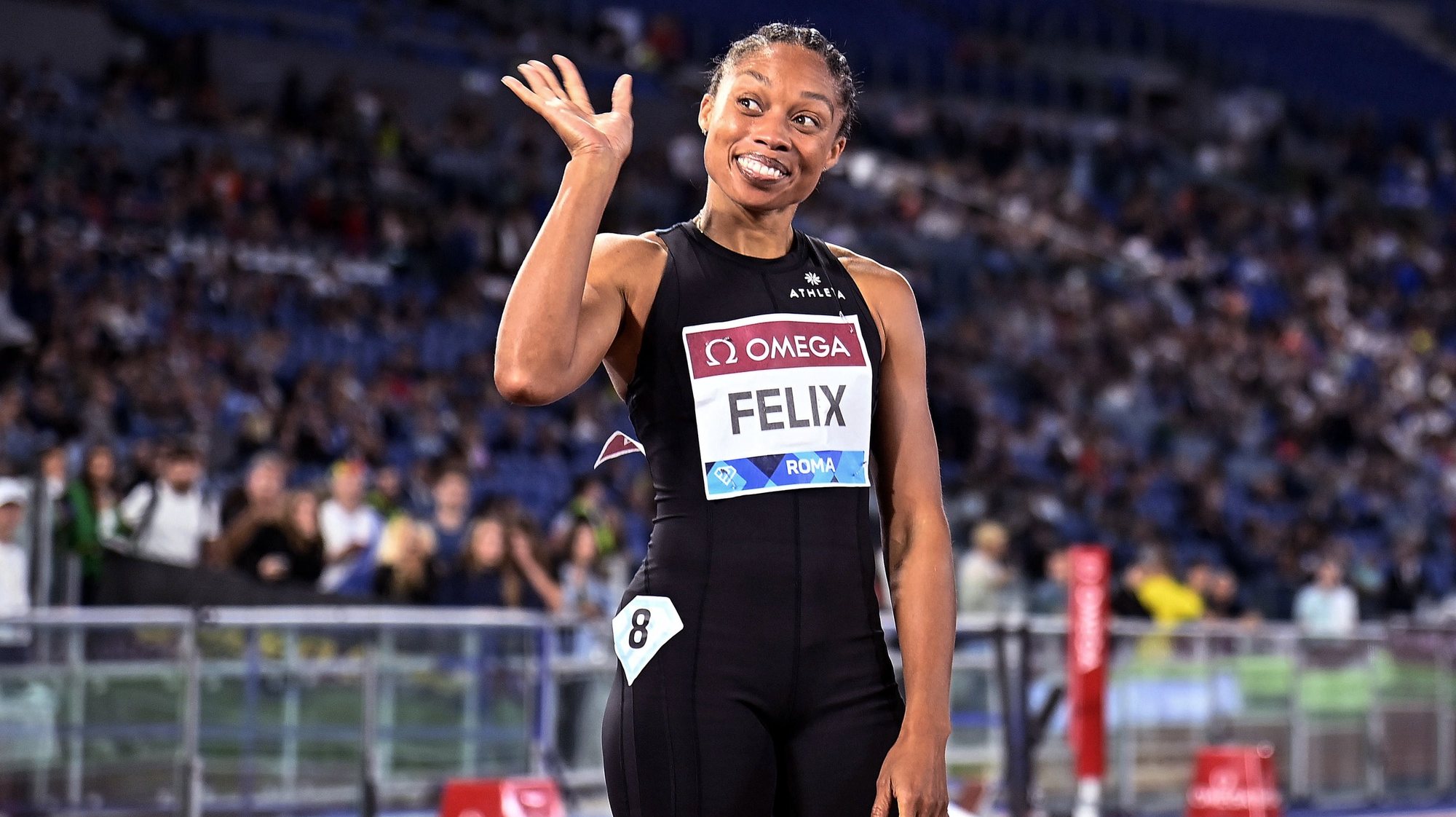 epa10004697 Allyson Felix of the USA reacts after competing in the women&#039;s 200m race of the Diamond League Golden Gala athletics meeting at the Olimpico stadium in Rome, Italy, 09 June 2022.  EPA/Riccardo Antimiani