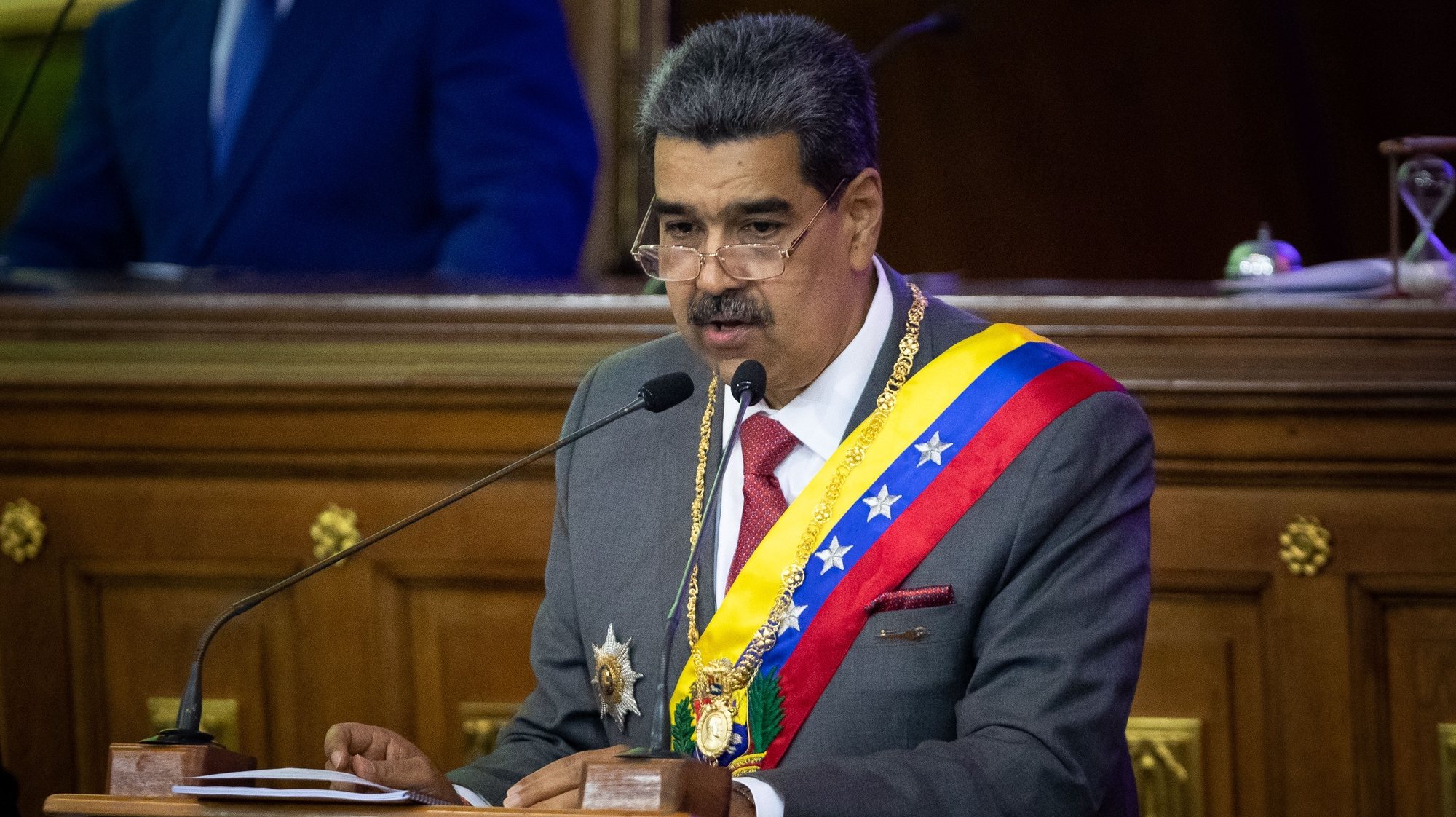epa11080211 Venezuelan president, Nicolas Maduro, presents his accountability before the National Assembly (AN, Parliament), in Caracas, Venezuela, 15 January 2024. Maduro gave his annual message before Parliament, controlled by the ruling party, where he gave an account of his management during 2023 and the plans for 2024, when the country will hold presidential elections. Among other topics, the Venezuelan president referred to the commemoration of Teachers&#039; Day in the country and the United States sanctions.  EPA/Rayner PeÃ±a R.