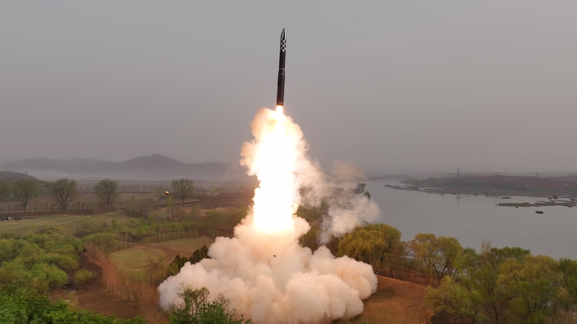 epa10571728 A photo released by the official North Korean Central News Agency (KCNA) shows the test firing of a new solid-fuel Hwasong-18 intercontinental ballistic missile (ICBM) at an undisclosed location in North Korea, 13 April 2023 (Issued 14 April 2023). According to KCNA, a new-type of ICBM Hwasongpho-18 that will serve as an &#039;important war deterrent&#039;, was test-fired on 13 April where the first stage safely landed in the waters 10 kilometres off the Hodo Peninsula in Kumya County, South Hamgyong Province and the second stage in the waters 335 kilometres east of Orang County, North Hamgyong Province.  EPA/KCNA   EDITORIAL USE ONLY  EDITORIAL USE ONLY