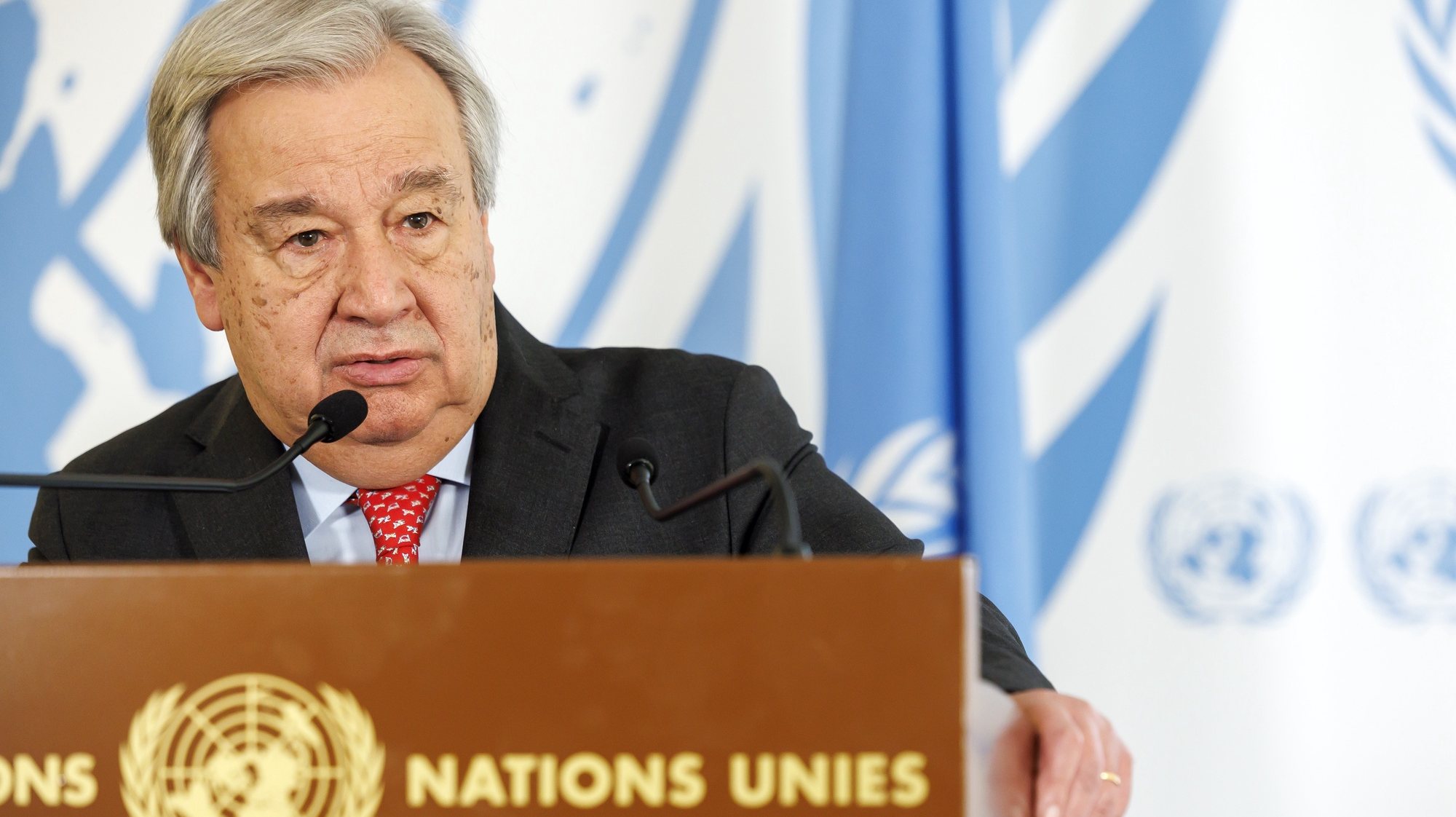 epa11182740 UN Secretary-General Antonio Guterres addresses the media during the High-Level Segment of the 55th session of the Human Rights Council at the European headquarters of the United Nations in Geneva, Switzerland, 26 February 2024.  EPA/SALVATORE DI NOLFI