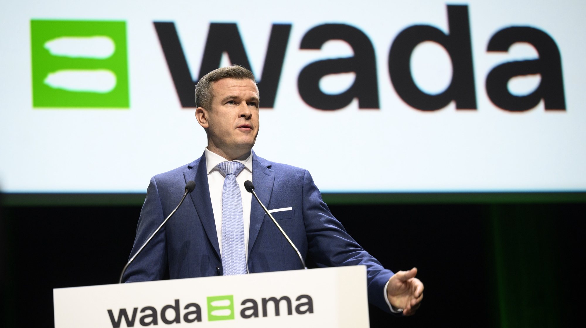 epa10521860 The President of the World Anti-Doping Agency (WADA), Witold Banka, of Poland speaks during the opening of the WADA Symposium for Anti-Doping Organizations at the SwissTech Convention Center in Lausanne, Switzerland, 14 March 2023.  EPA/LAURENT GILLIERON