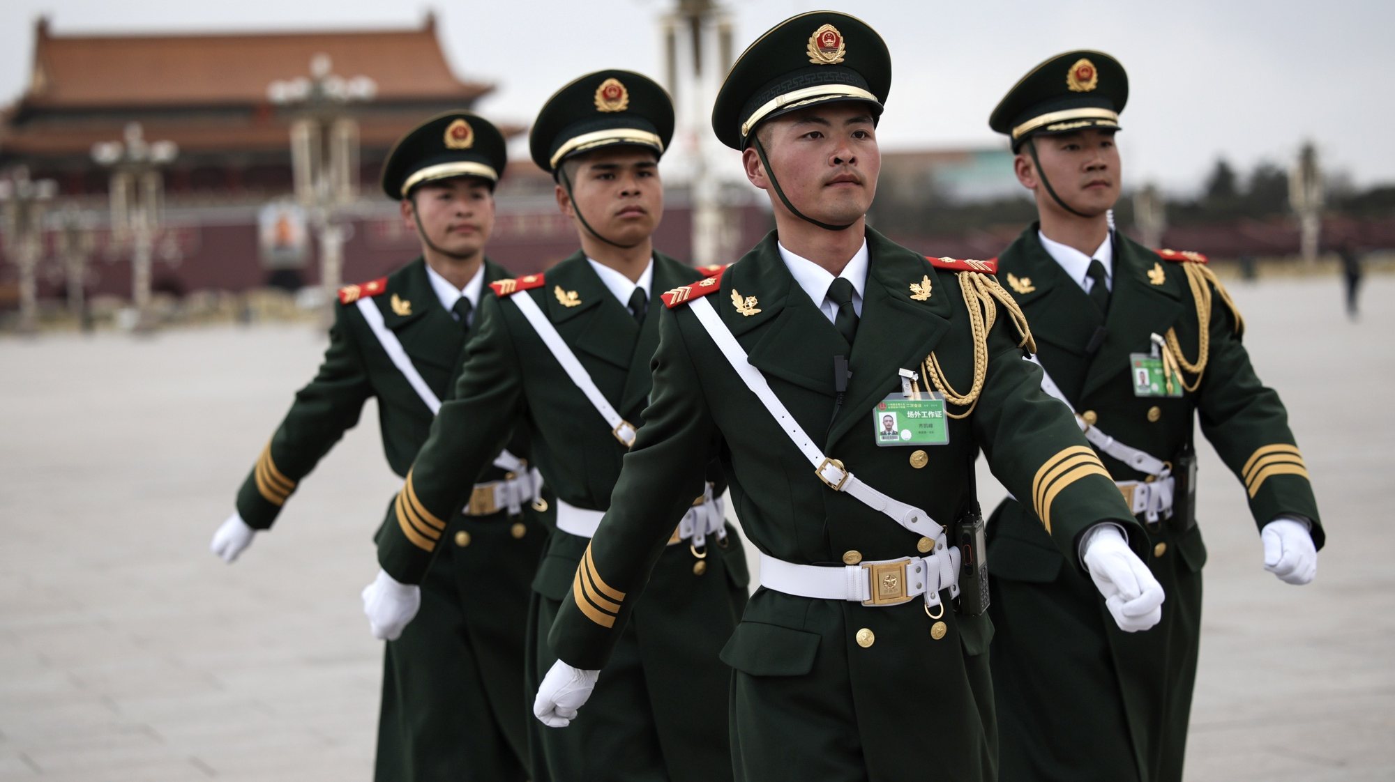 epa11213958 Chinese People’s Liberation Army (PLA) honor guards march at Tiananmen square after the closing meeting of the second session of the 14th National People&#039;s Congress (NPC) at the Great Hall of the People in Beijing, China, 11 March 2024. China holds two major annual political meetings, the National People&#039;s Congress (NPC) and the Chinese People&#039;s Political Consultative Conference (CPPCC), which run alongside each other and are known as &#039;Lianghui&#039; or &#039;Two Sessions.&#039;  EPA/ANDRES MARTINEZ CASARES