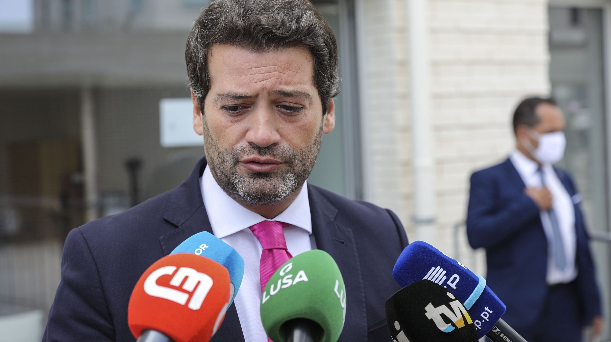 Portuguese national conservative, right-wing populist political party Chega leader André Ventura talks to the press after voting for local elections 26 septeber 2021 in Lisbon. More than 9.3 million electors can vote in the local elections in Portugal. MIGUEL A. LOPES LUSA