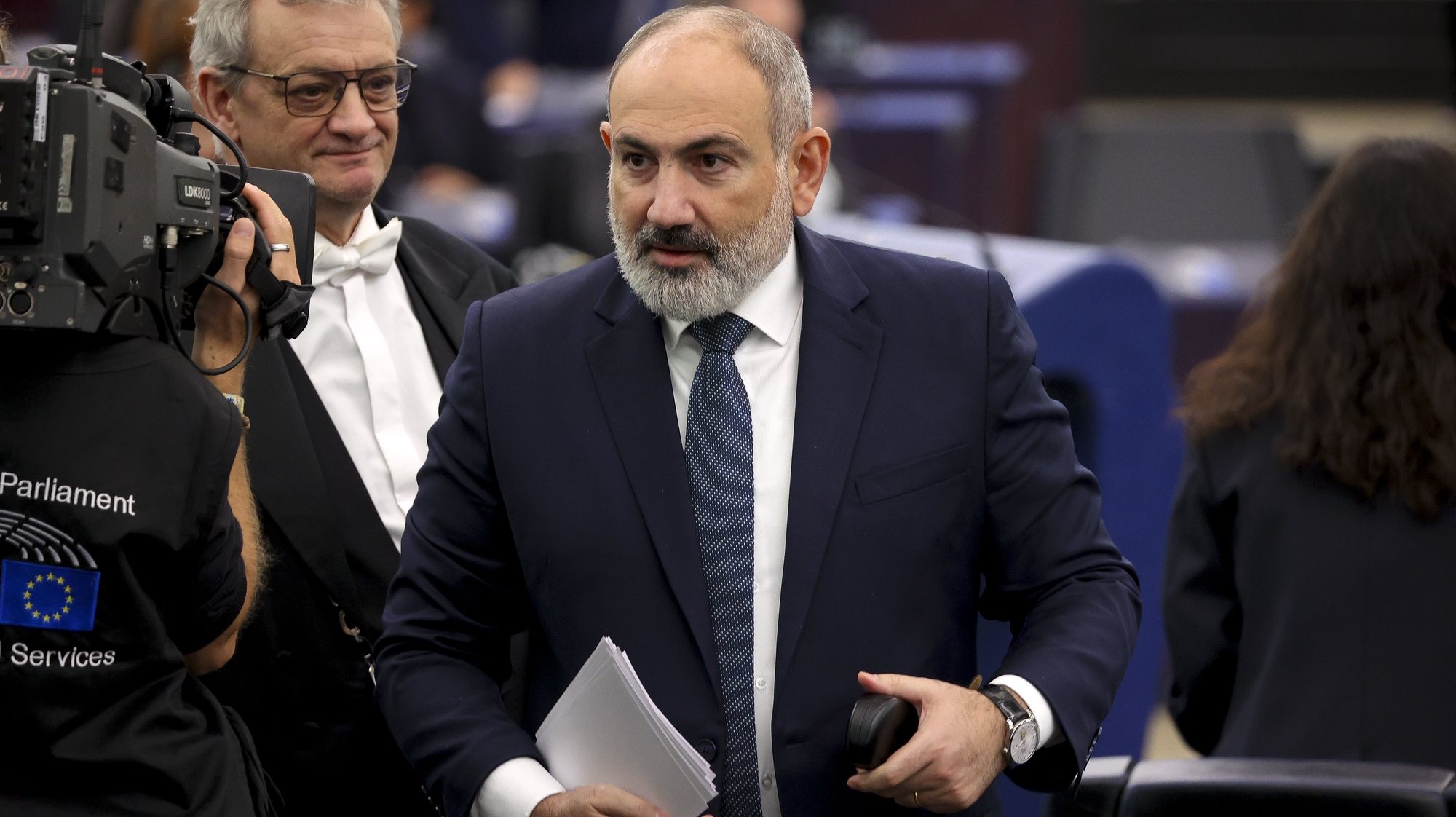 epa10923323 Armenian Prime Minister Nikol Pashinyan after he addresses the members of the European Parliament in Strasbourg, France, 17 October 2023. The EU Parliament&#039;s session runs from 16 till 19 October.  EPA/JULIEN WARNAND