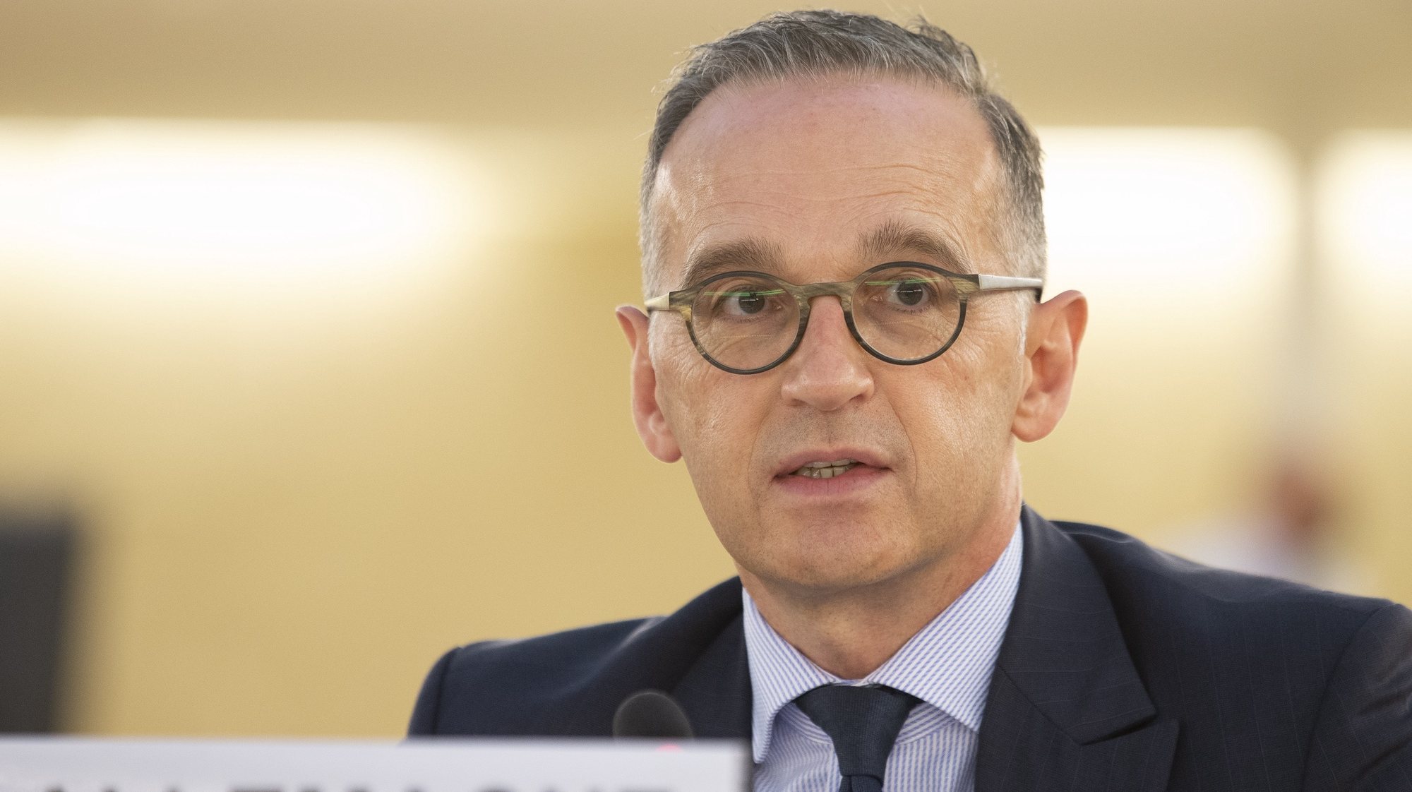 epa09465303 German Foreign Minister, Heiko Maas, addresses his statement, during the 48th session of the Human Rights Council, at the European headquarters of the United Nation, in Geneva, Switzerland, 13 September 2021.  EPA/SALVATORE DI NOLFI