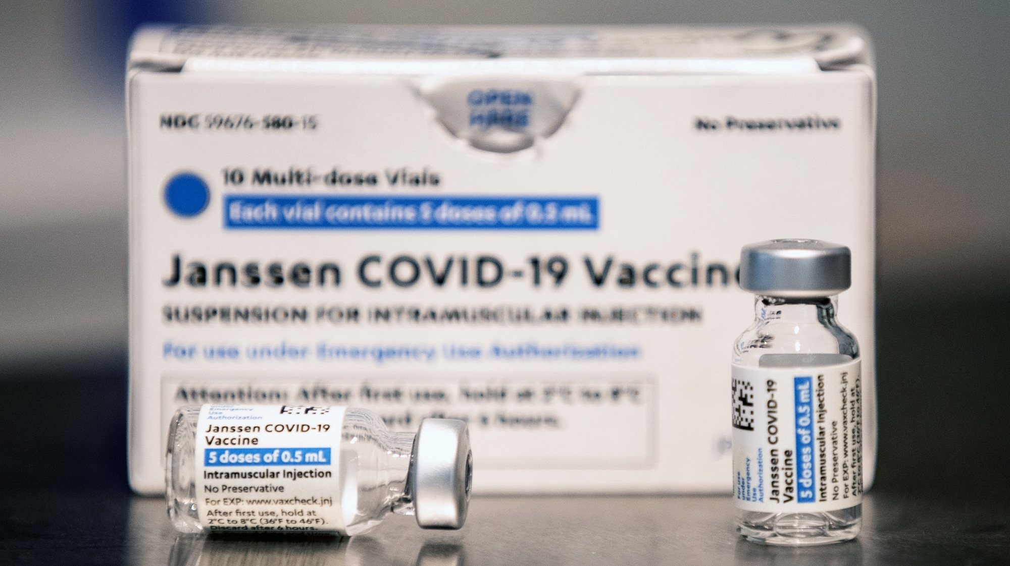 epa09184132 Vials of the Janssen (Pharmaceutical Companies of Johnson &amp; Johnson) vaccine against Covid-19 are displayed during a vaccination operation organized by the Los Angeles Football Club at the Bank of California Stadium in Los Angeles, California, USA, 07 May 2021. Los Angeles Football Club has announced that vaccinated fans will receive a 20% discount on merchandise at the LAFC team store.  EPA/ETIENNE LAURENT