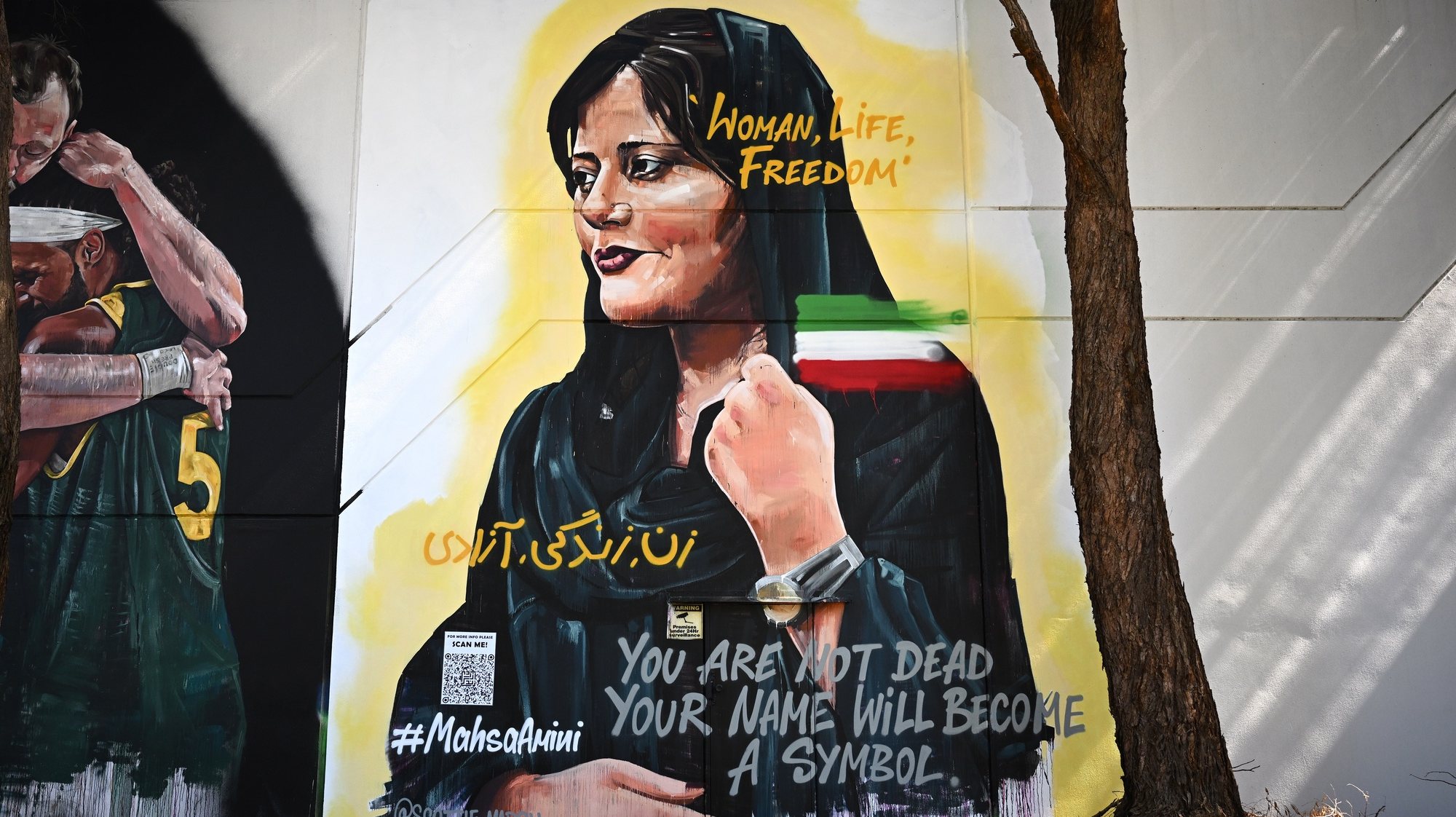 epa10270469 A mural of Mahsa Amini by artist Scott Marsh is seen in Alexandria, Sydney, Australia, 28 October 2022. Amini, a 22-year-old Iranian woman, was arrested in Tehran on 13 September by the police unit responsible for enforcing Iran&#039;s strict dress code for women. She fell into a coma while in police custody and was declared dead on 16 September.  EPA/DAN HIMBRECHTS AUSTRALIA AND NEW ZEALAND OUT