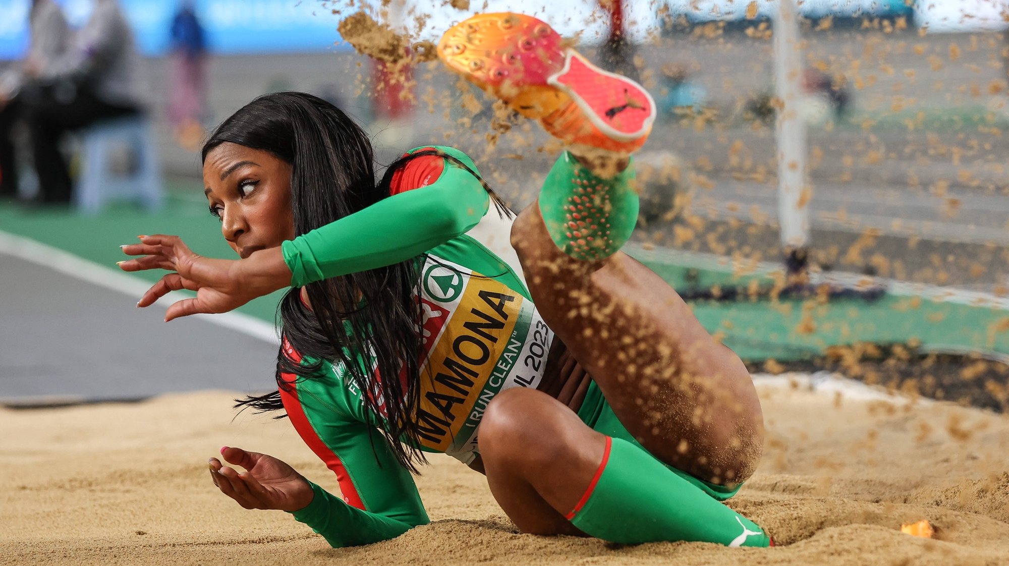 epa10500091 Patricia Mamona of Portugal competes in the Women&#039;s Triple Jump Qualification at the European Athletics Indoor Championships in Istanbul, Turkey, 03 March 2023.  EPA/TOLGA BOZOGLU